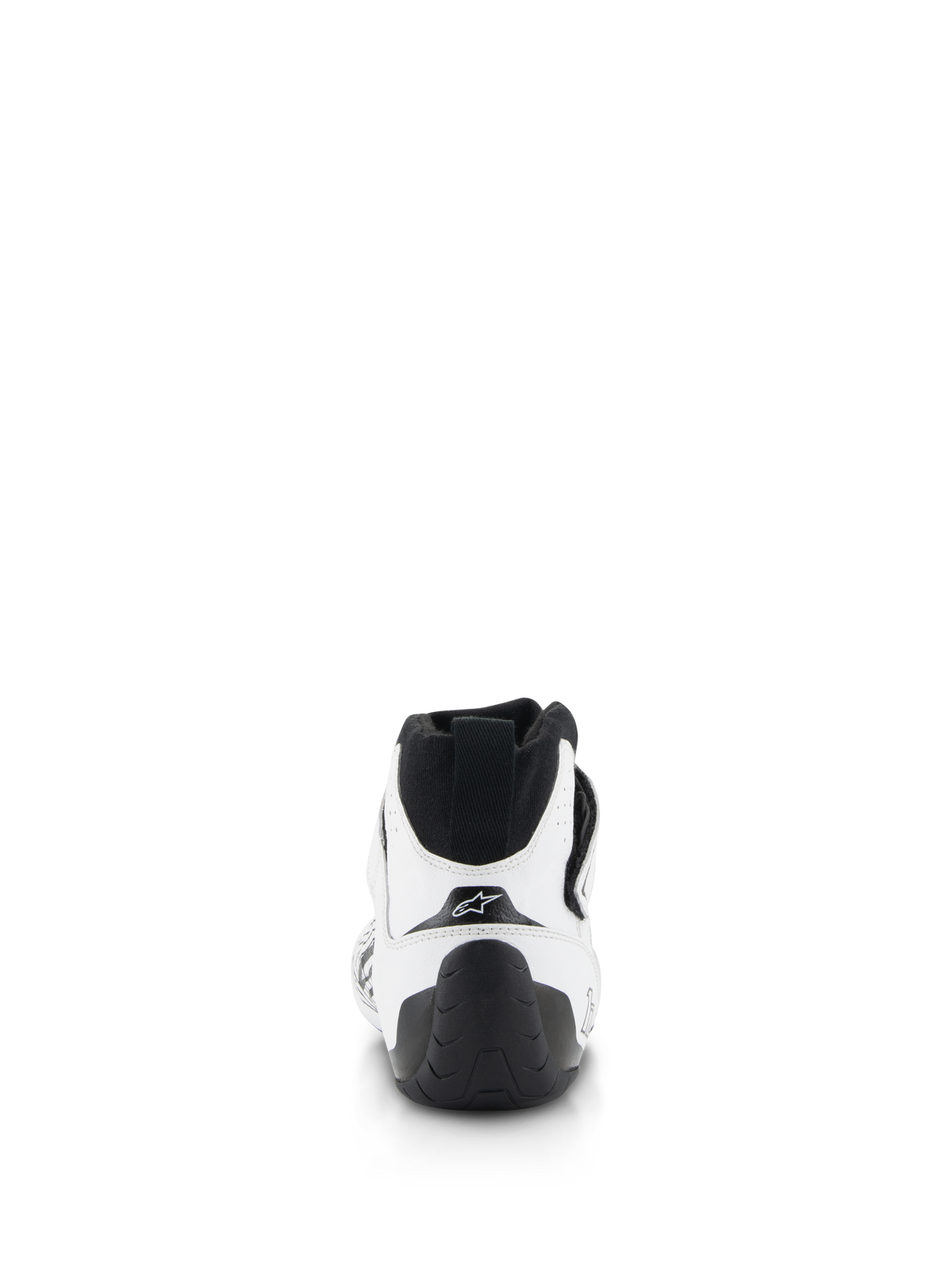 Alpinestars Tech-1 Z V3 Shoes FIA, Auto Racing Shoes, White and Black, rear view featuring a black heel pull tab, textured rubber sole, and white bovine leather upper with Alpinestars star logo