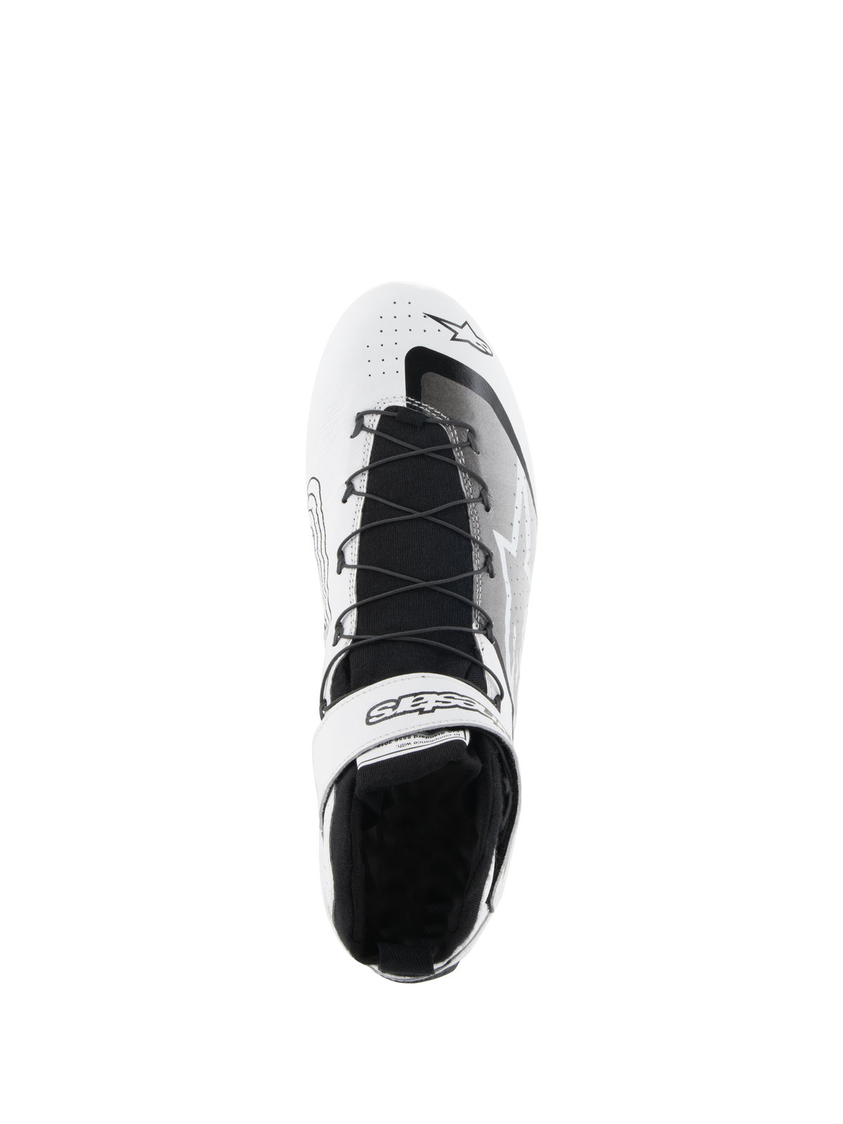 Alpinestars Tech-1 Z V3 Shoes FIA, Auto Racing Shoes, White and Black, top-down view showing speed lacing system, branded velcro ankle strap, black knitted tongue, and perforated leather upper for auto racing performance