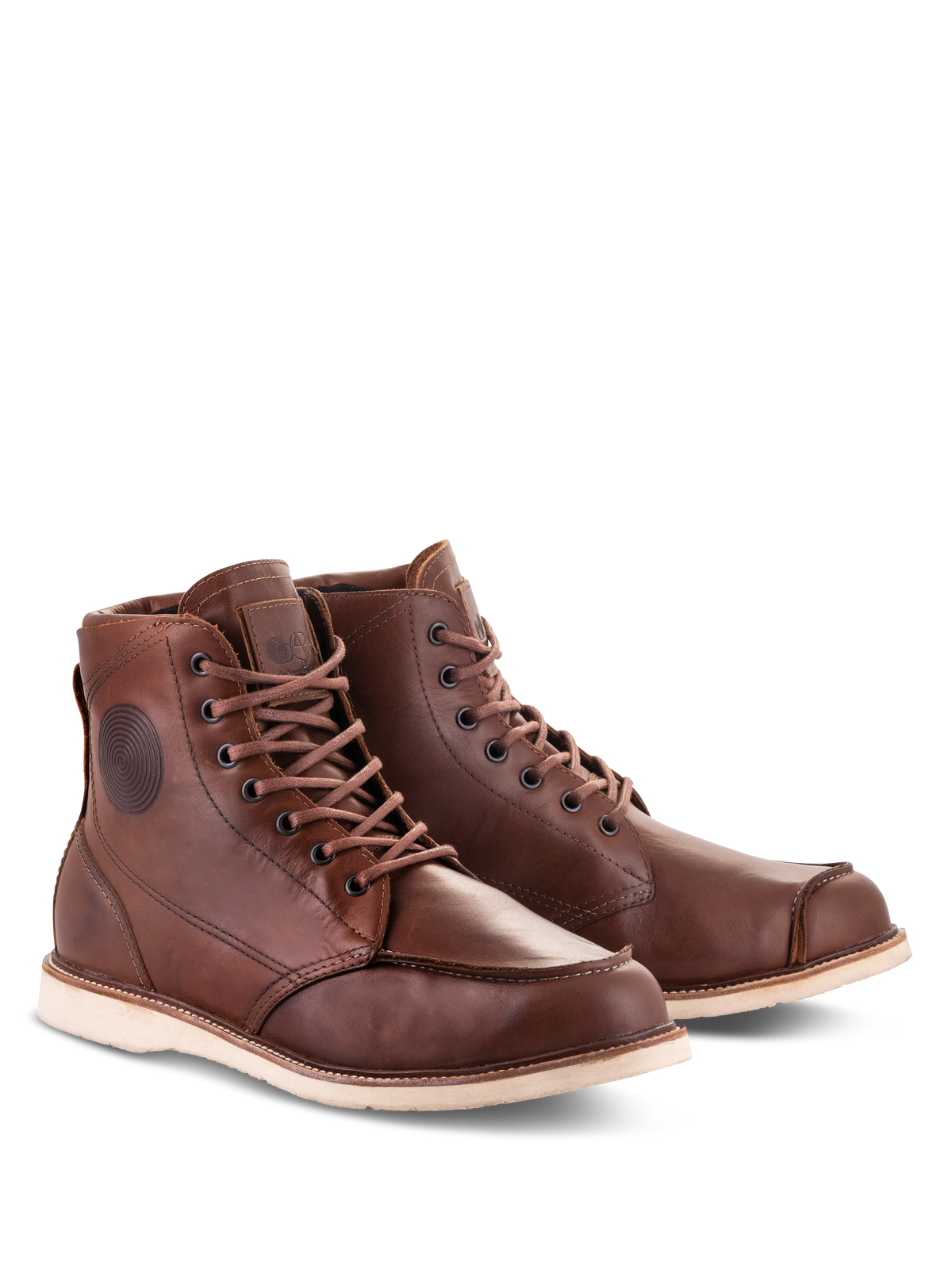 Alpinestars Oscar Monty V2 Shoes, Brown leather motorcycle boots, heritage-inspired moc toe design with off-white wedge outsole, durable bovine leather construction for urban and road riding