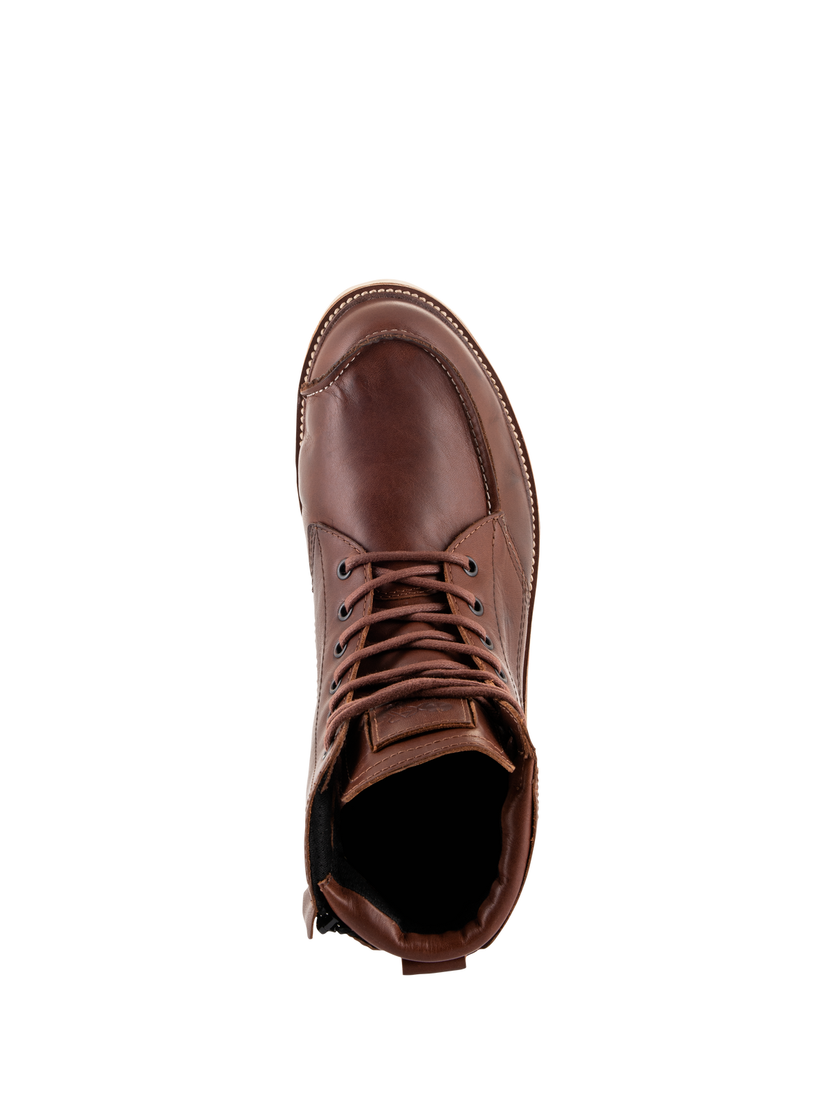 Alpinestars Oscar Monty V2 Shoes, Brown Motorcycle Riding Shoes, top-down view showing full-grain leather construction, moc toe stitching, and brown laces, heritage-inspired urban footwear