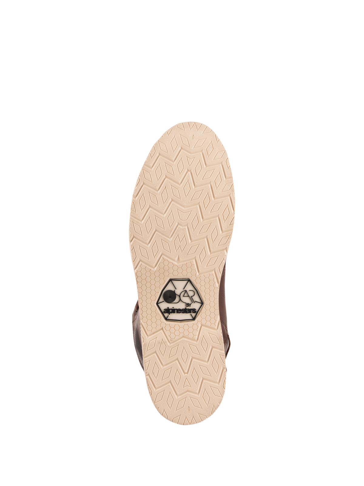 Alpinestars Oscar Monty V2 Shoes, sole view, light beige wedge outsole with geometric diamond tread pattern, featuring the black OSCAR by Alpinestars logo, urban motorcycle riding shoe in brown leather