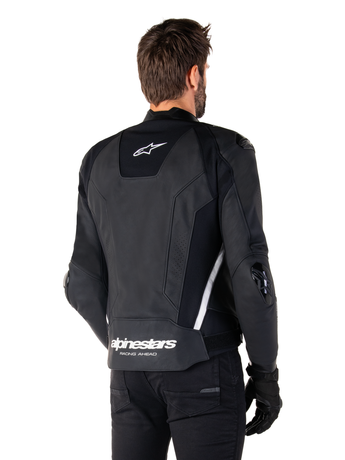 Alpinestars Missile V3 Leather Jacket, Rear view, Black and White, featuring the Alpinestars star logo on the upper back and wordmark on the lower back, protective sliders on elbows and shoulders, premium leather racing gear