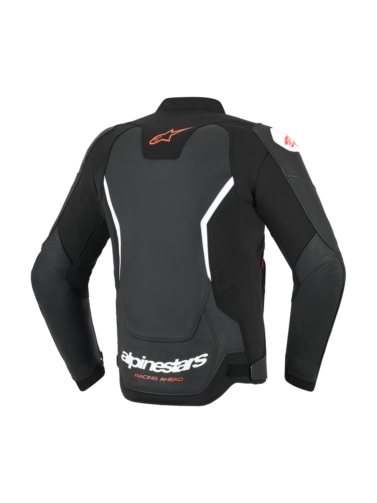 Alpinestars GP Force V2 Leather Jacket, Black with white and red accents, rear view showing red Astar logo on upper back and white Alpinestars branding on lower back, sport-fit leather motorcycle jacket with accordion stretch panels.