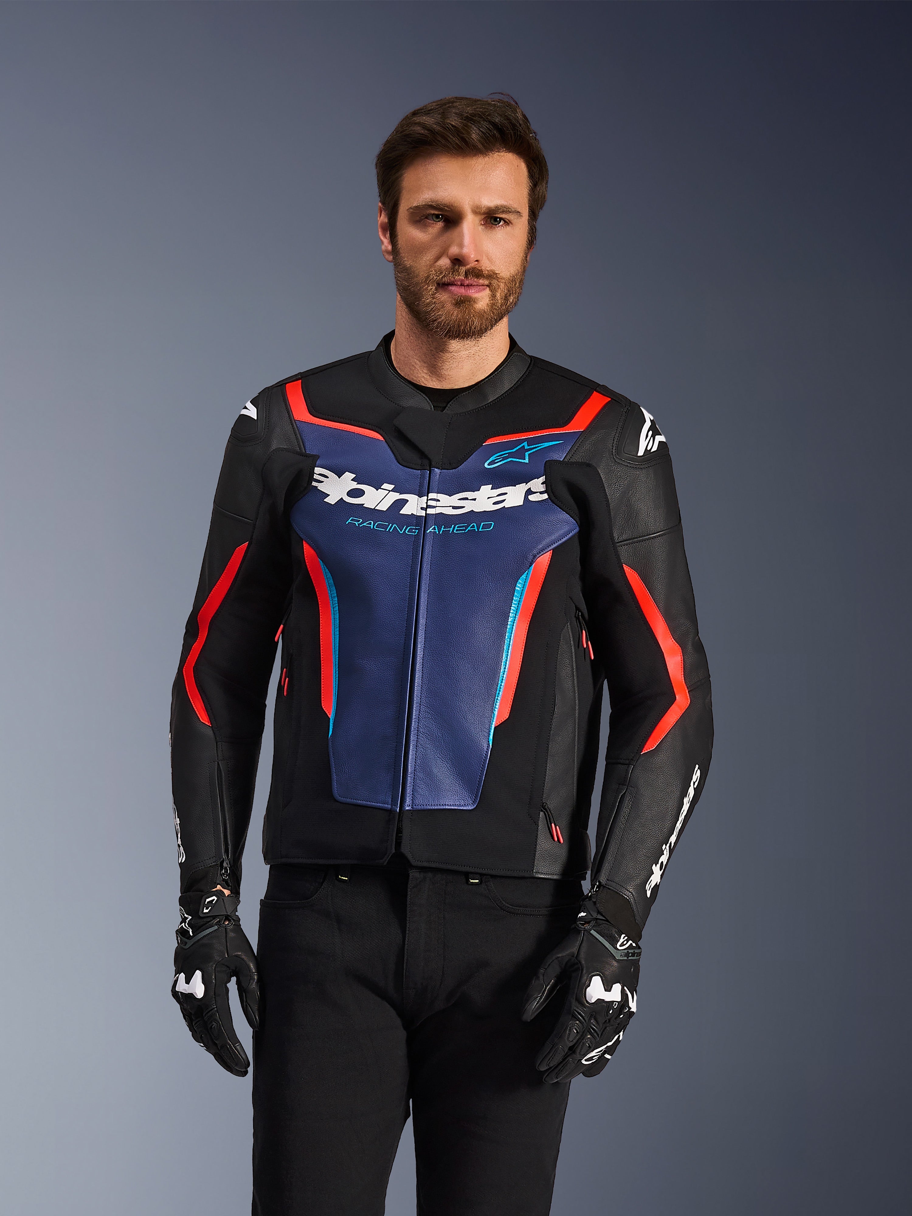 GP Force V2 Leather - Blue Motorcycle Jacket | Alpinestars®