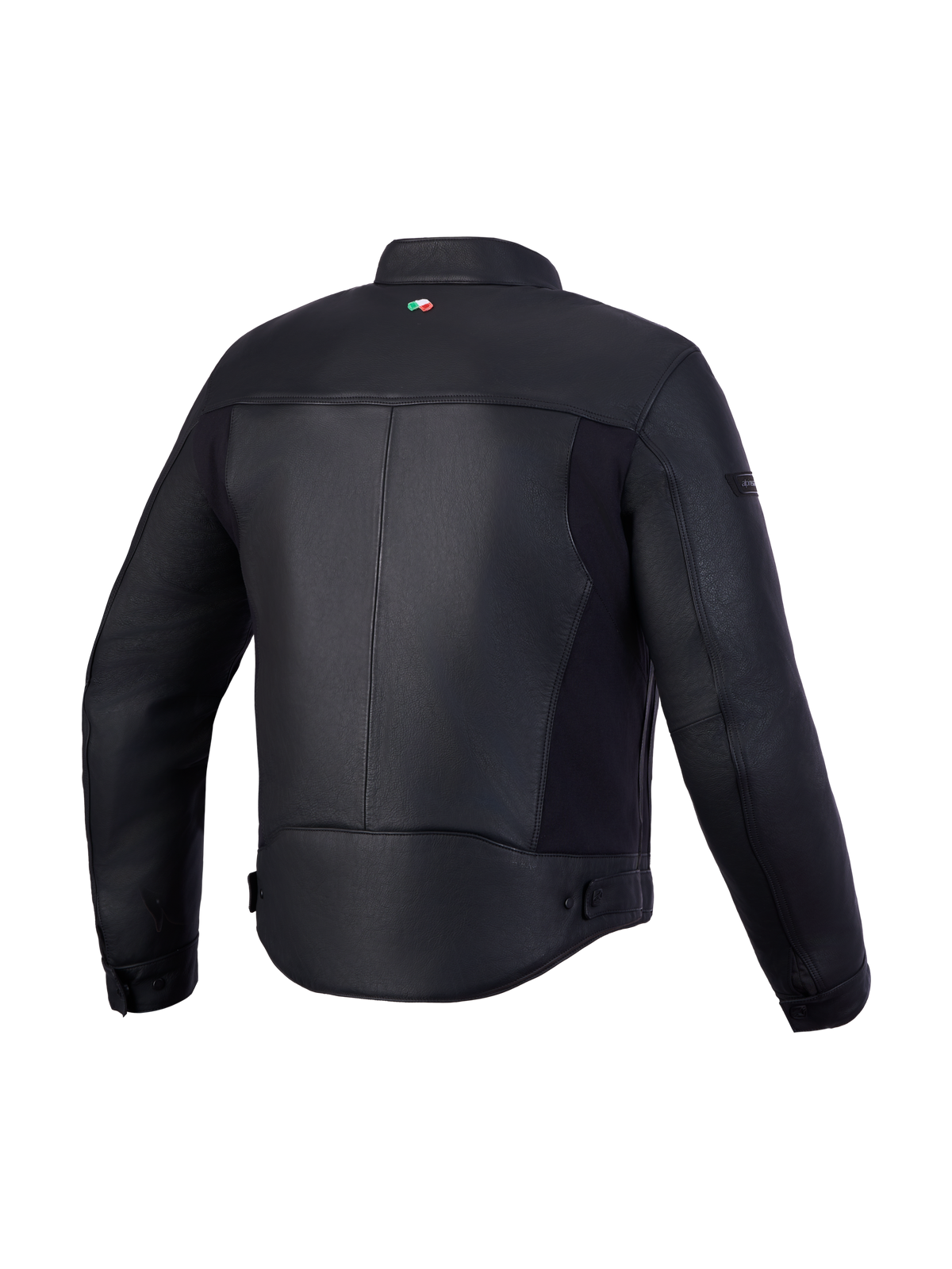 Alpinestars Maver-X Leather Jacket, men's urban contemporary motorcycle jacket in black, rear profile view showing premium bovine leather construction, stretch inserts, and biker collar