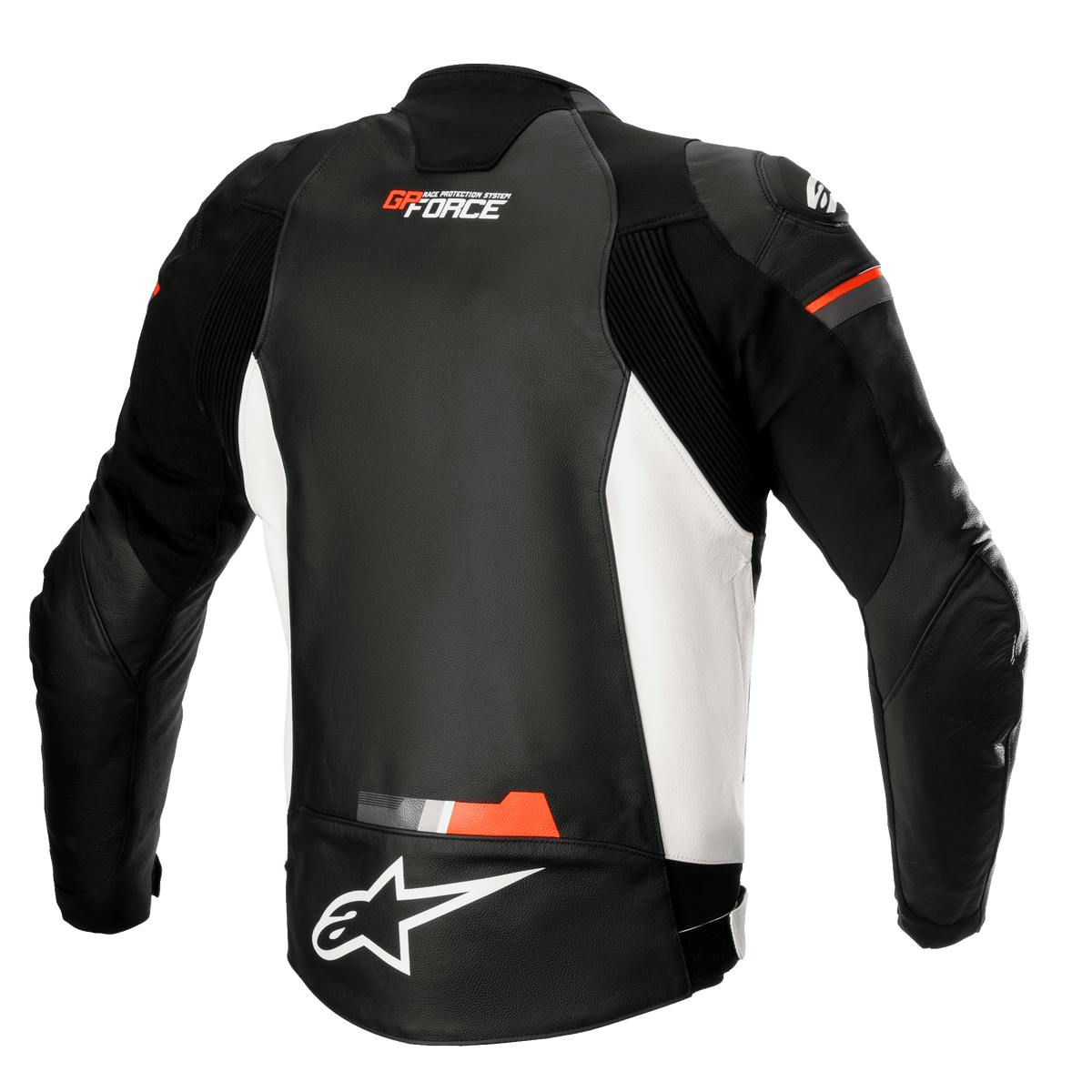 Alpinestars GP Force Leather Jacket, Motorcycle Leather Jacket, Black White and Red Fluo, rear view featuring white side panels and fluorescent red accents, GP Force and Alpinestars logo branding, sporty leather design with accordion stretch panels