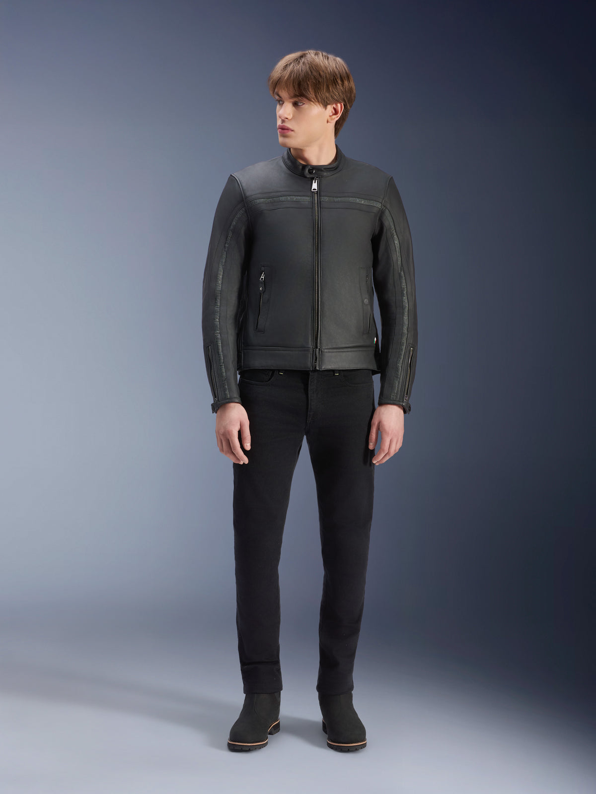 Alpinestars Dyno Leather Jacket, Black bovine leather heritage jacket, Tech-Air ready, CE certified, on a male model.
