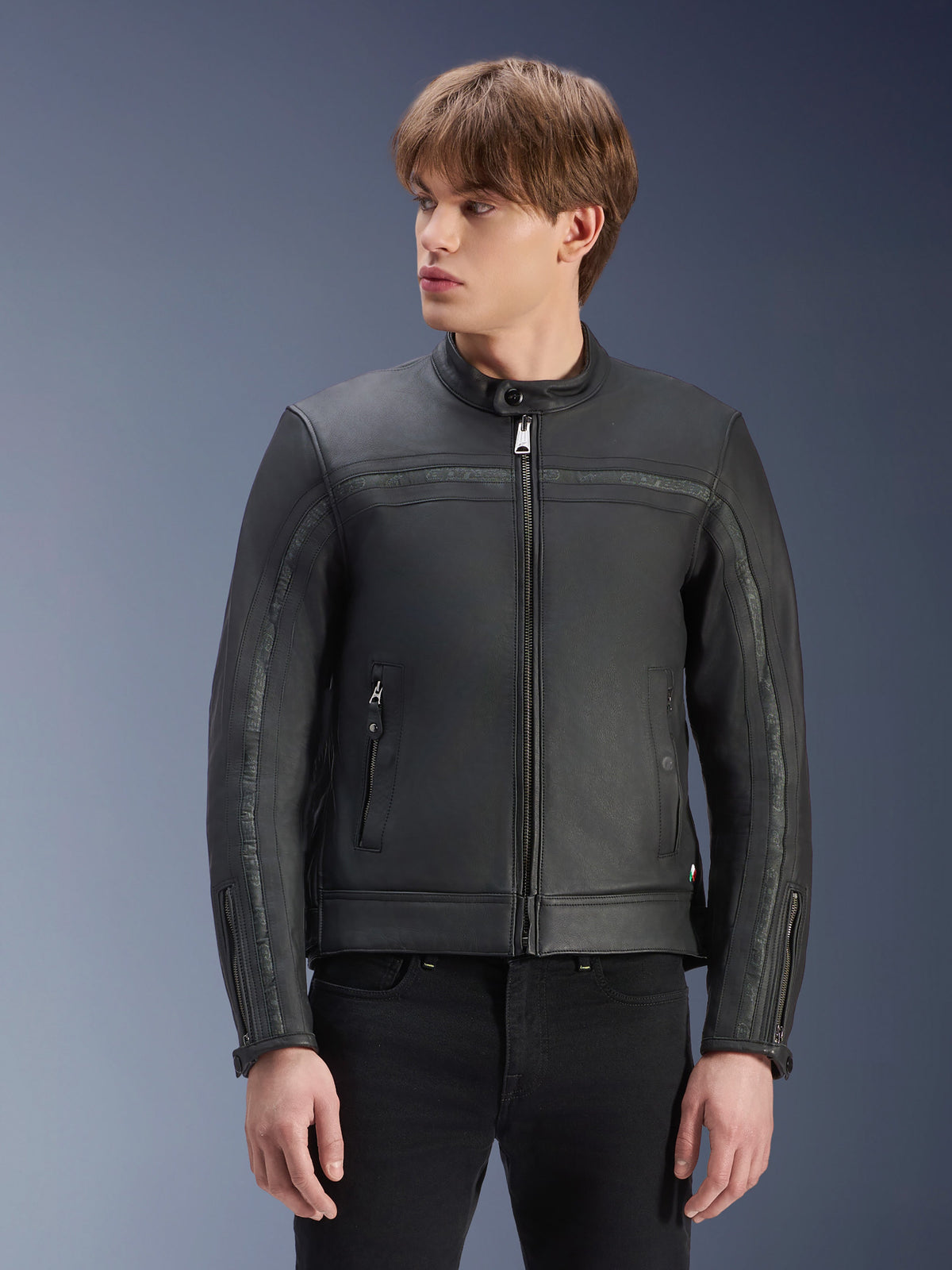 Alpinestars Dyno Leather Jacket, black bovine leather urban motorcycle jacket with heritage styling worn by a man.