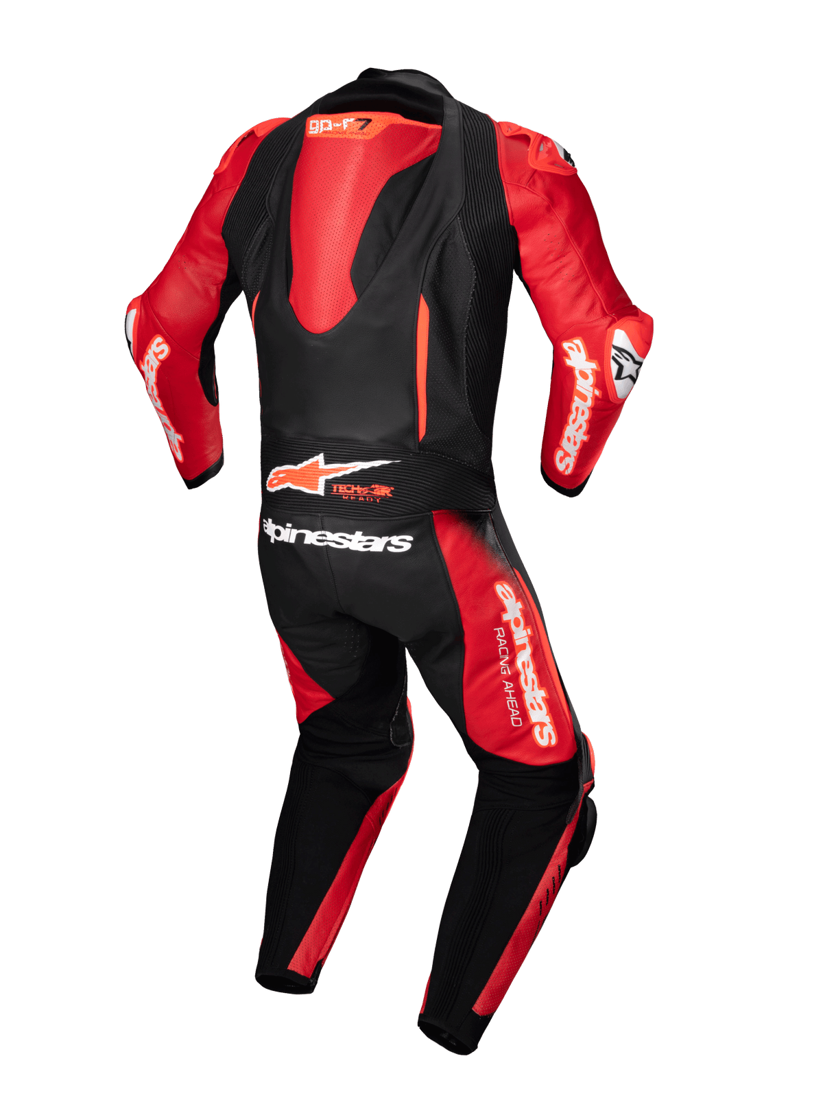 Alpinestars GP-R7 One-Piece Leather Suit, black and red motorcycle racing suit with aerodynamic hump and Tech-Air Ready logo.