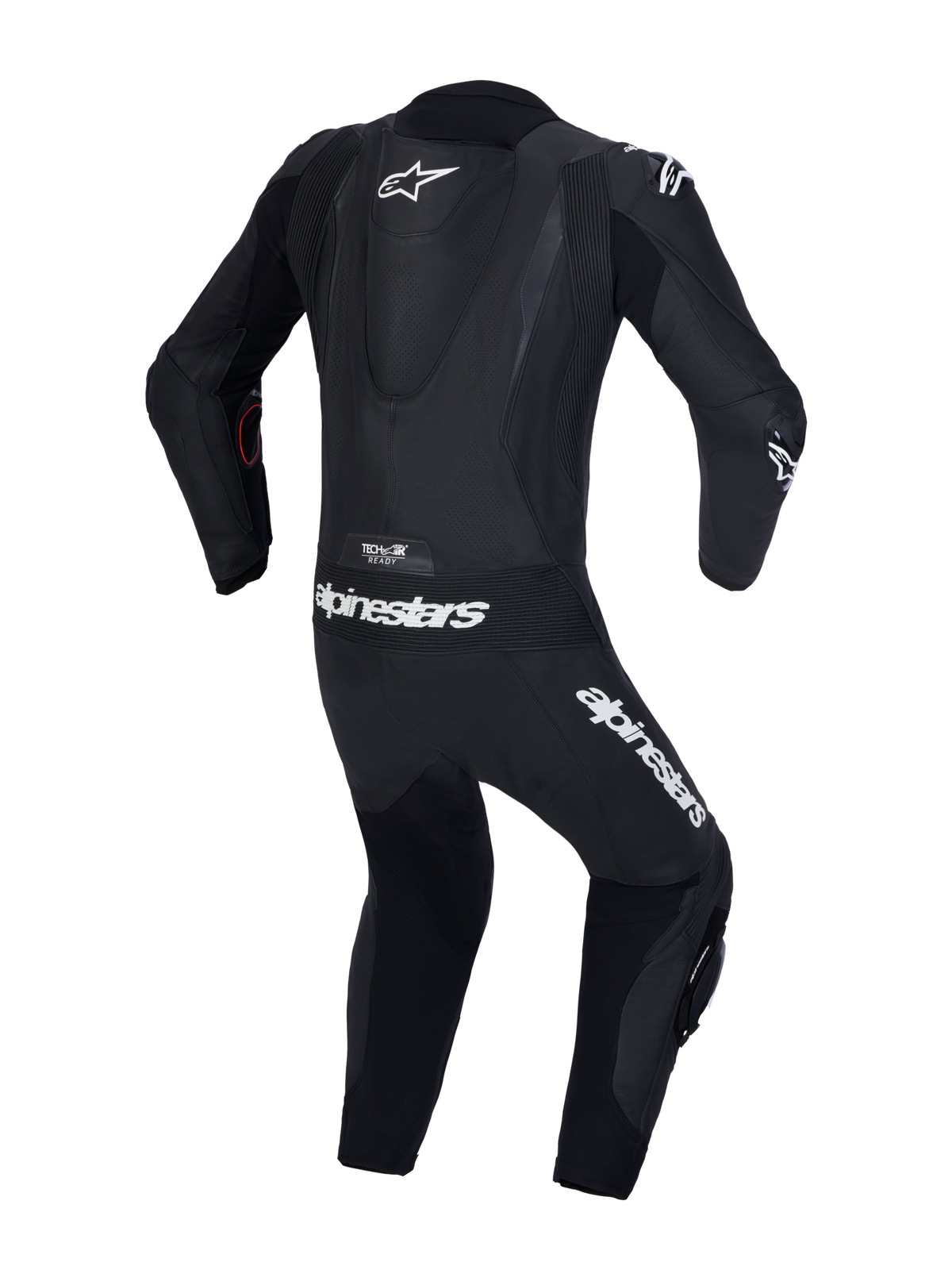 Alpinestars Missile V3 1-Piece Leather Suit, Black motorcycle racing suit, AAA certified with aerodynamic speed hump and Tech-Air ready design, rear view