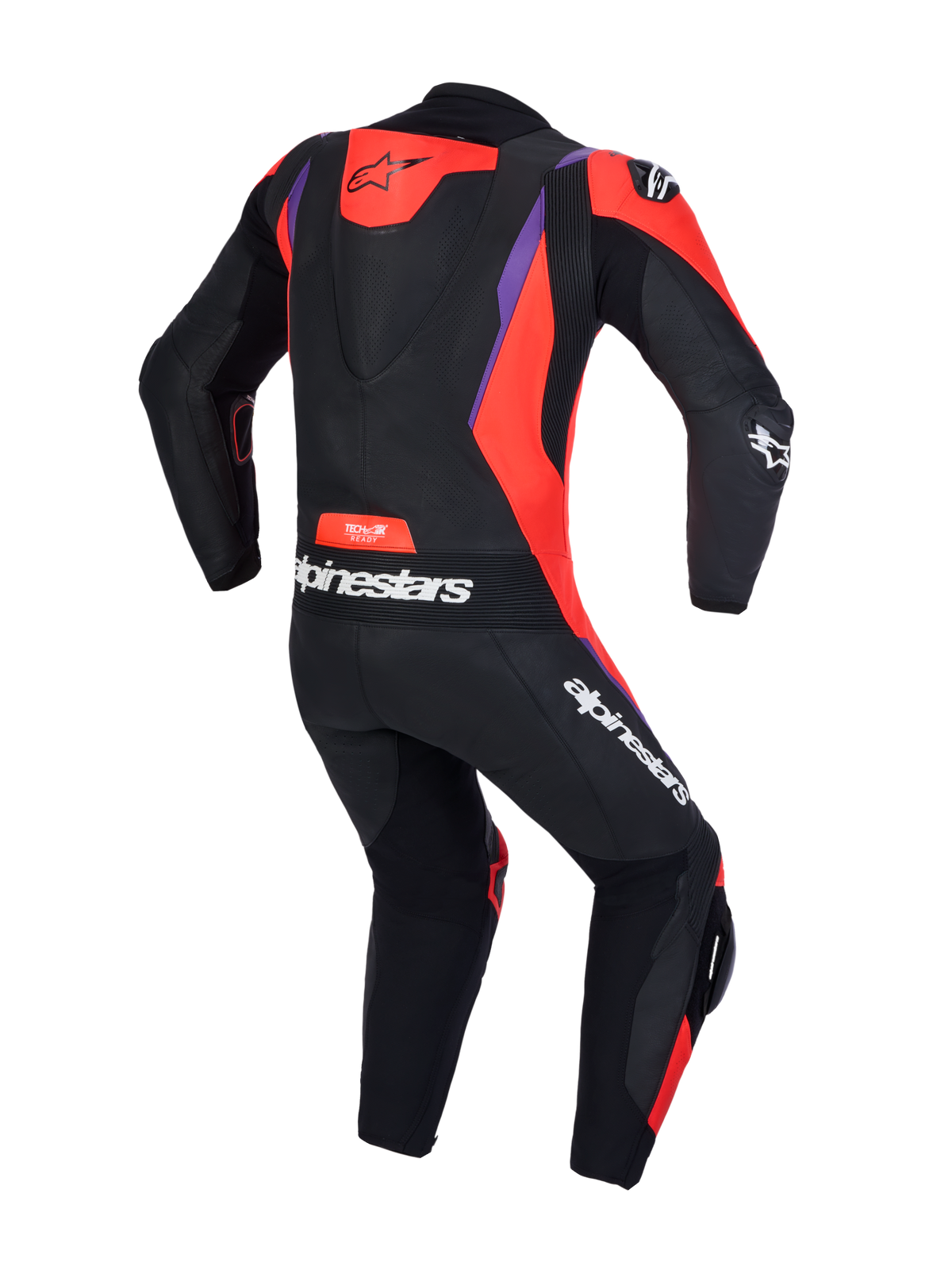 Alpinestars Missile V3 1-Piece Leather Suit, Motorcycle Racing Suit, Black, Red Fluo and Purple, featuring AAA certified protection and aerodynamic speed hump, rear view