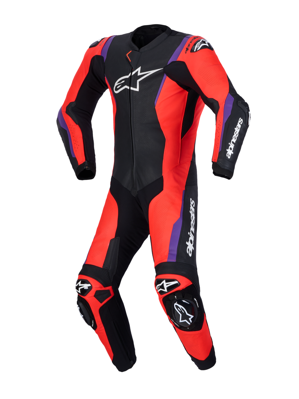 Alpinestars Missile V3 Leather Suit 1 Piece, Motorcycle Racing Suit, Black, Red Fluo and Purple, AAA CE Certified, leather construction with DFS ST armor