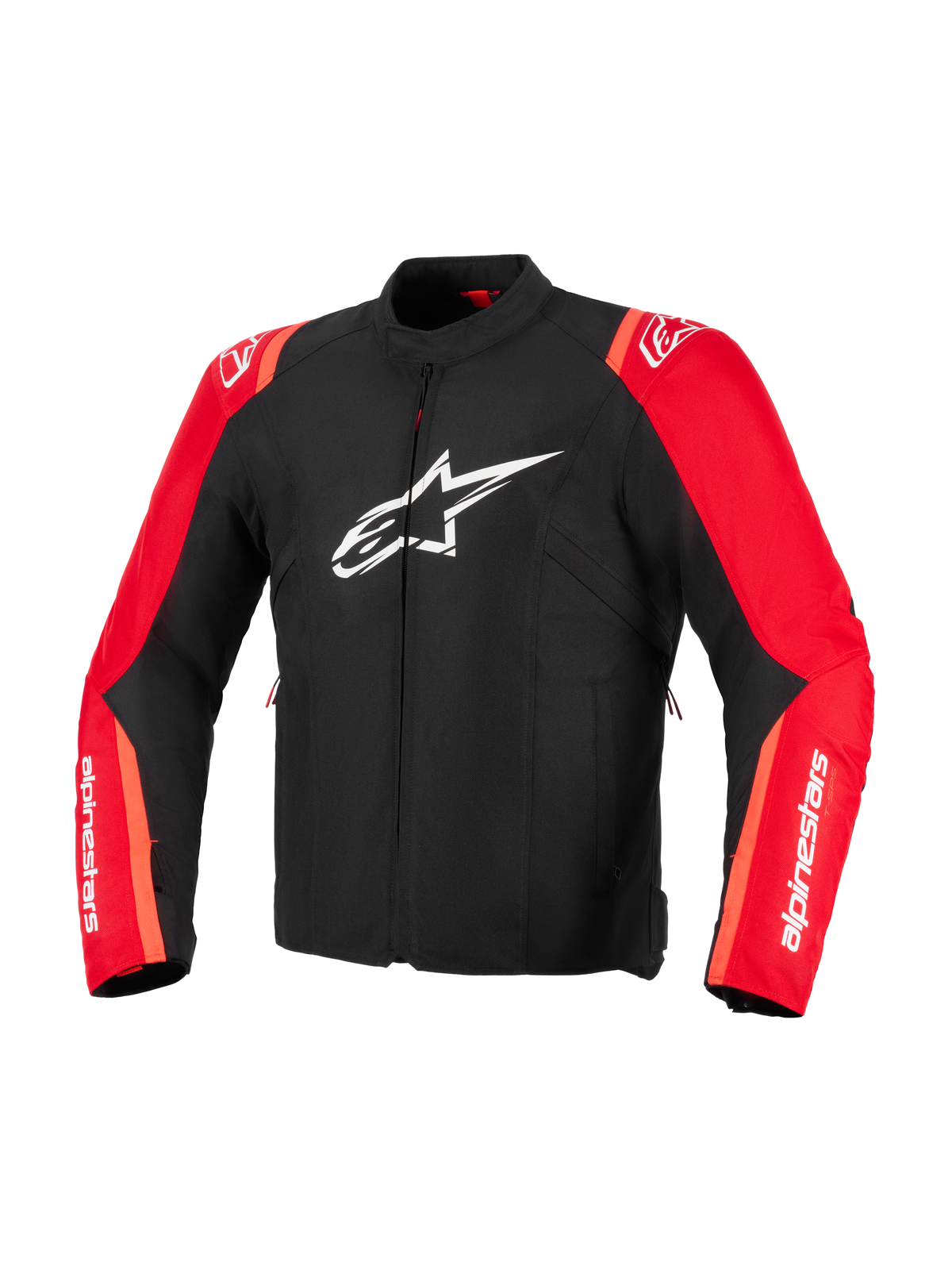 Alpinestars T-SPS V2 Waterproof Jacket, Black and Red Fluo, Textile Motorcycle Jacket, featuring white Alpinestars star logo on the chest and white branding on the sleeves, sport-cut racing-inspired design