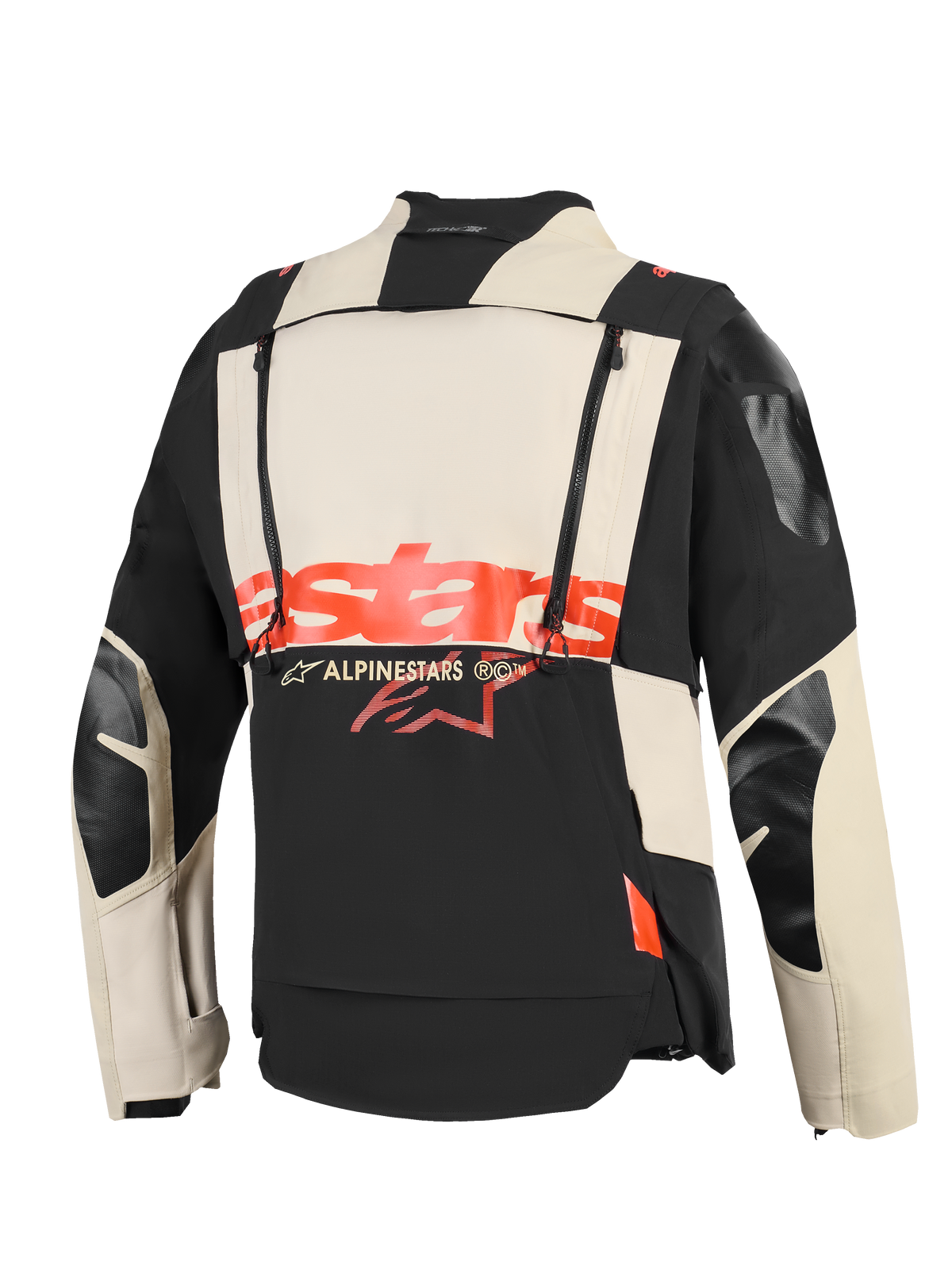 Alpinestars Halo Pro Drystar® XF Laminated Jacket, Back view, Mastic Black and cream textile construction, bold red 'stars' logo across the center, dual vertical zippers for modular ventilation, technical adventure motorcycle apparel
