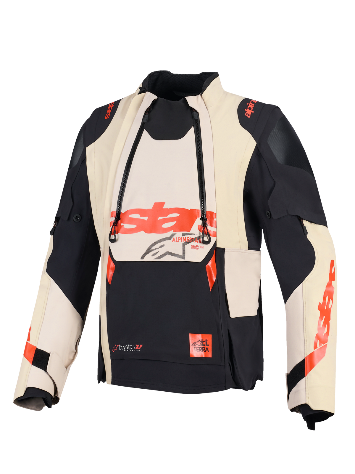 Alpinestars Halo Pro Drystar® XF Laminated Jacket, Adventure Motorcycle Jacket, Mastic Black, featuring modular front ventilation panels and red Alpinestars branding, technical textile design for versatile all-terrain riding