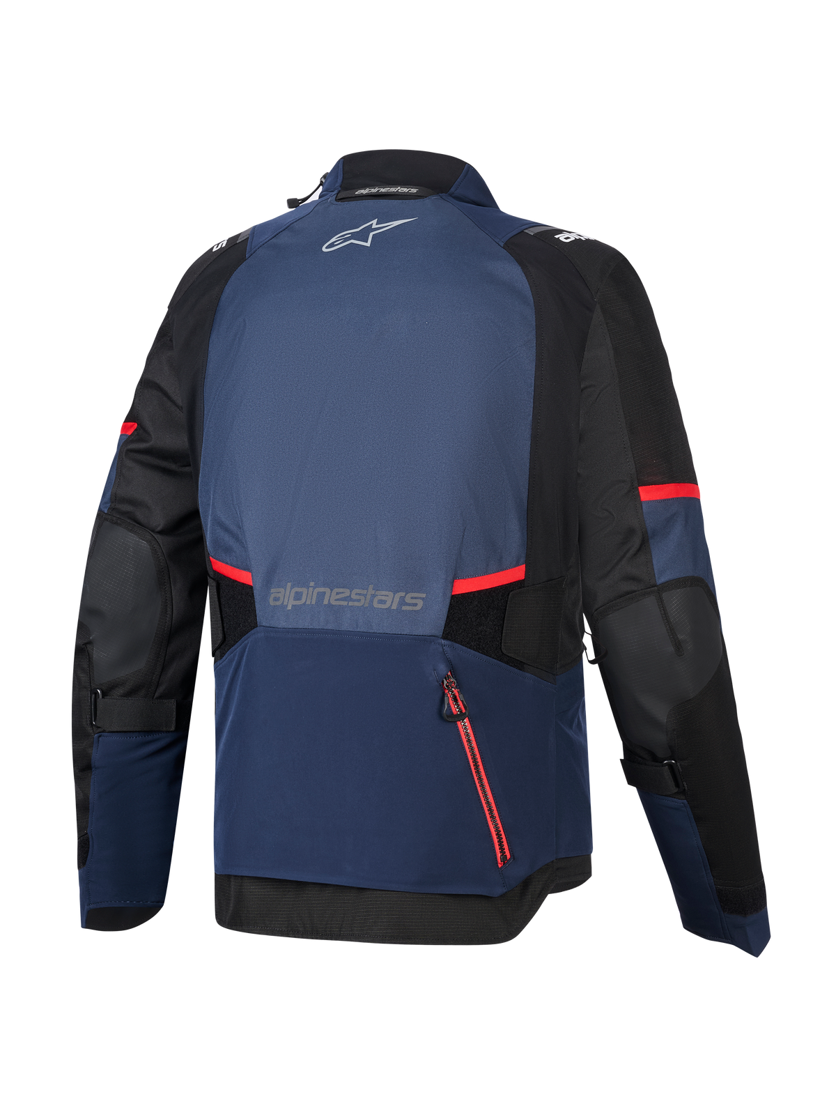 Alpinestars Andes V4 Drystar® Jacket, Back View, Night Navy Mood Indigo and Black, featuring red zipper accents and stripes, large rear waterproof compartment, Alpinestars logo on upper and lower back, technical textile adventure touring jacket.