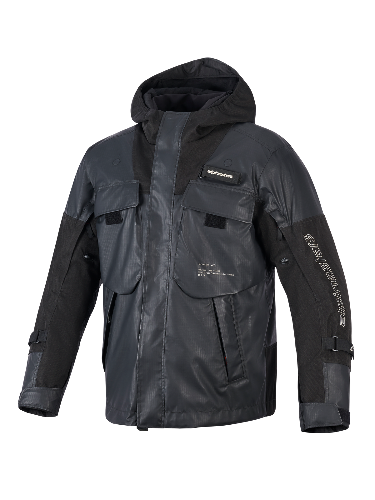 Alpinestars Mospher Waterproof Jacket, Black Motorcycle Parka, tactical utility design with multiple large pockets, ripstop textile construction, integrated hood, white Alpinestars branding on the sleeve and chest