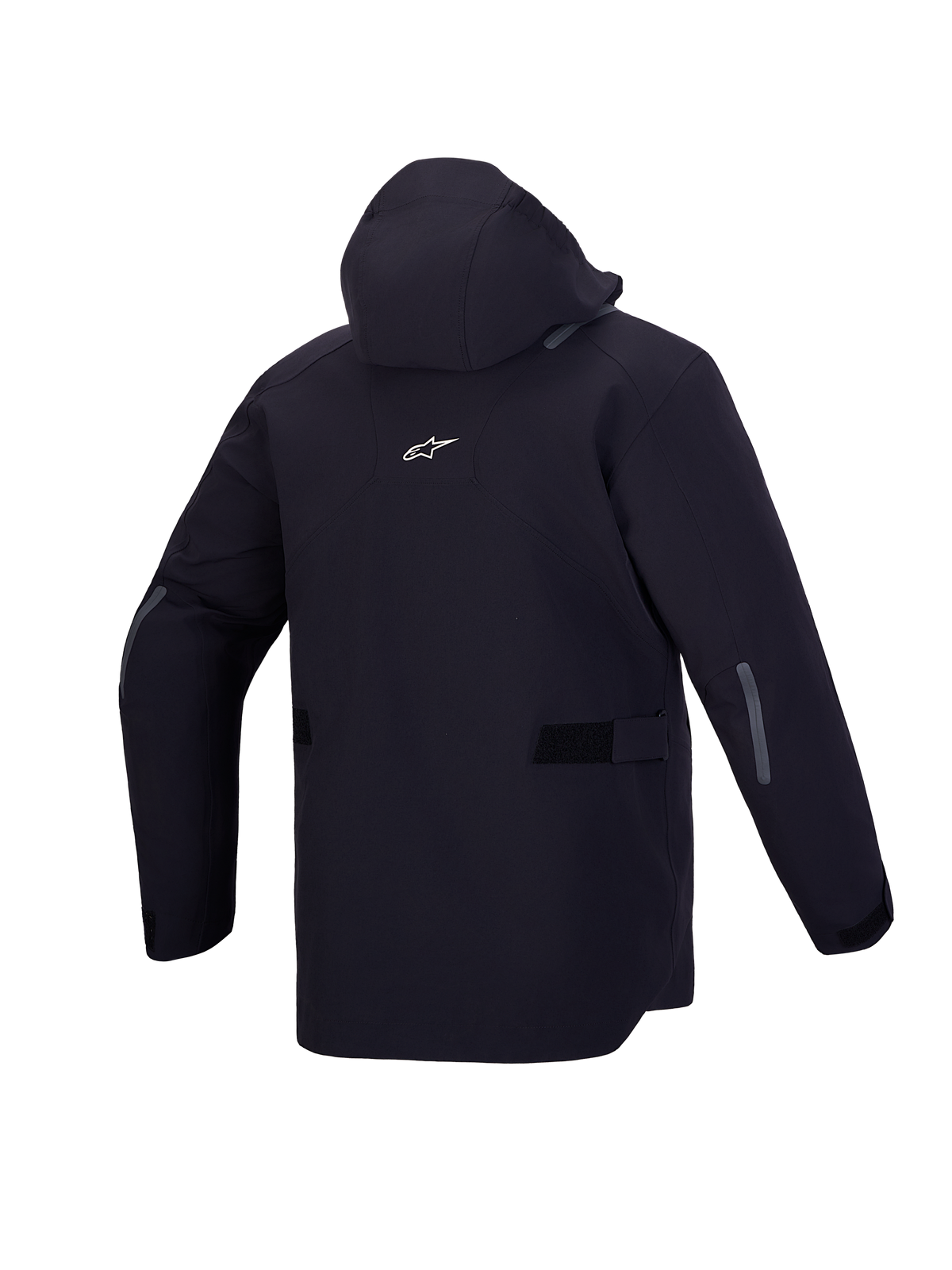 Alpinestars C-7 Drystar XF Jacket, Men's Black urban motorcycle jacket, rear view showcasing integrated hood, white Alpinestars logo, and reflective details
