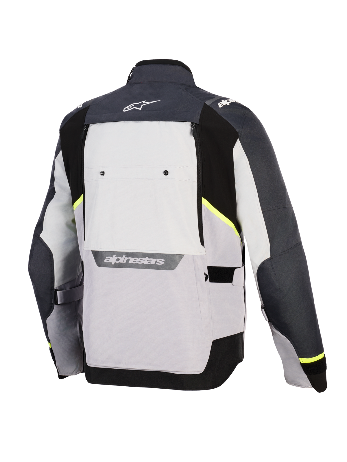 Alpinestars Cusco Drystar® Jacket, Motorcycle Jacket, Ice Gray Mid Gray and Deep Gray, back view featuring multi-tonal textile panels, neon yellow accents, large rear ventilation panel, and white Alpinestars branding on the collar and lower back