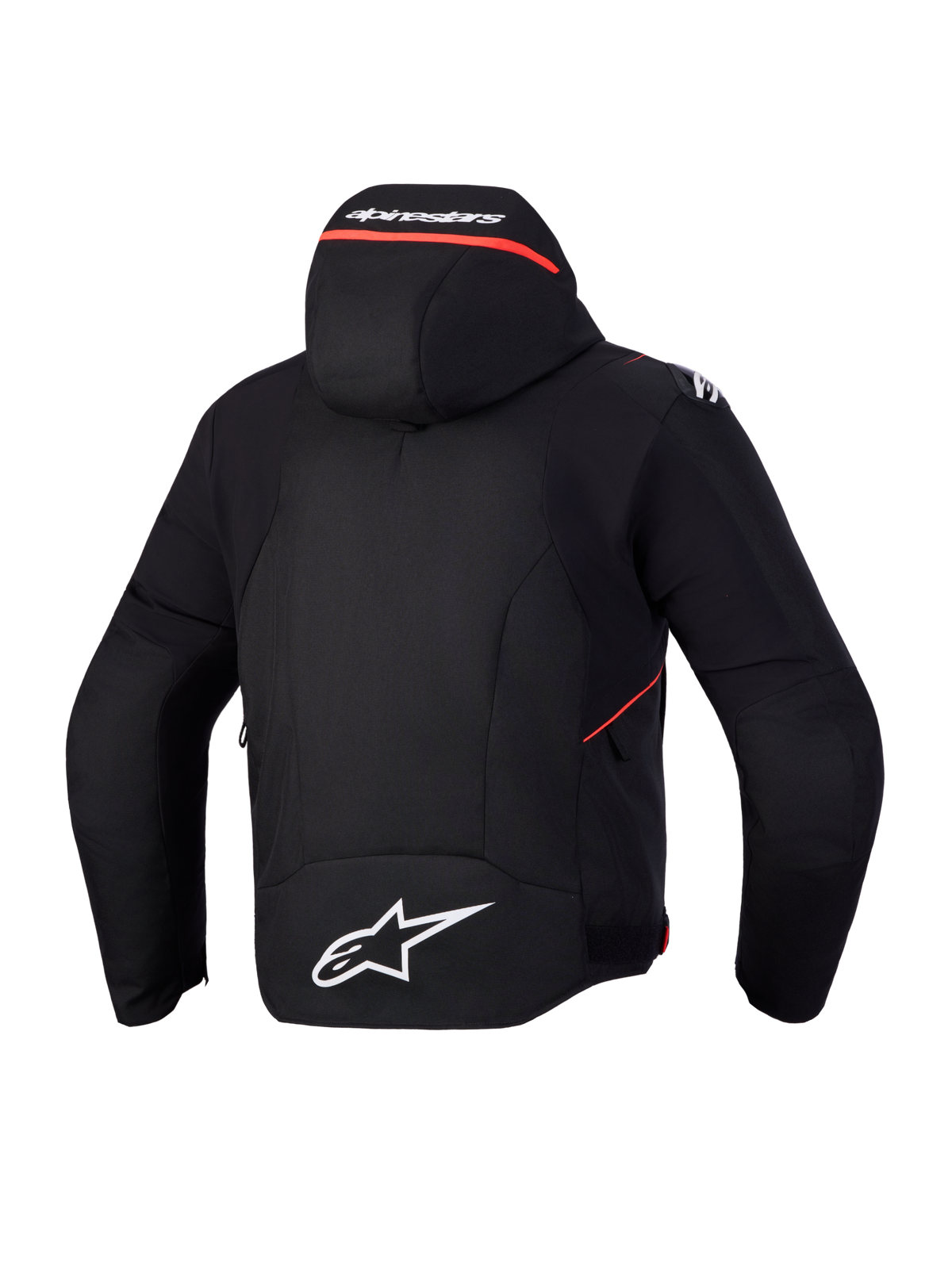 Alpinestars Zaca V2 Waterproof Jacket, Men's Black and Red motorcycle sports jacket, rear view showing integrated hood with white logo, elongated back with white Astar logo, and stretch softshell construction