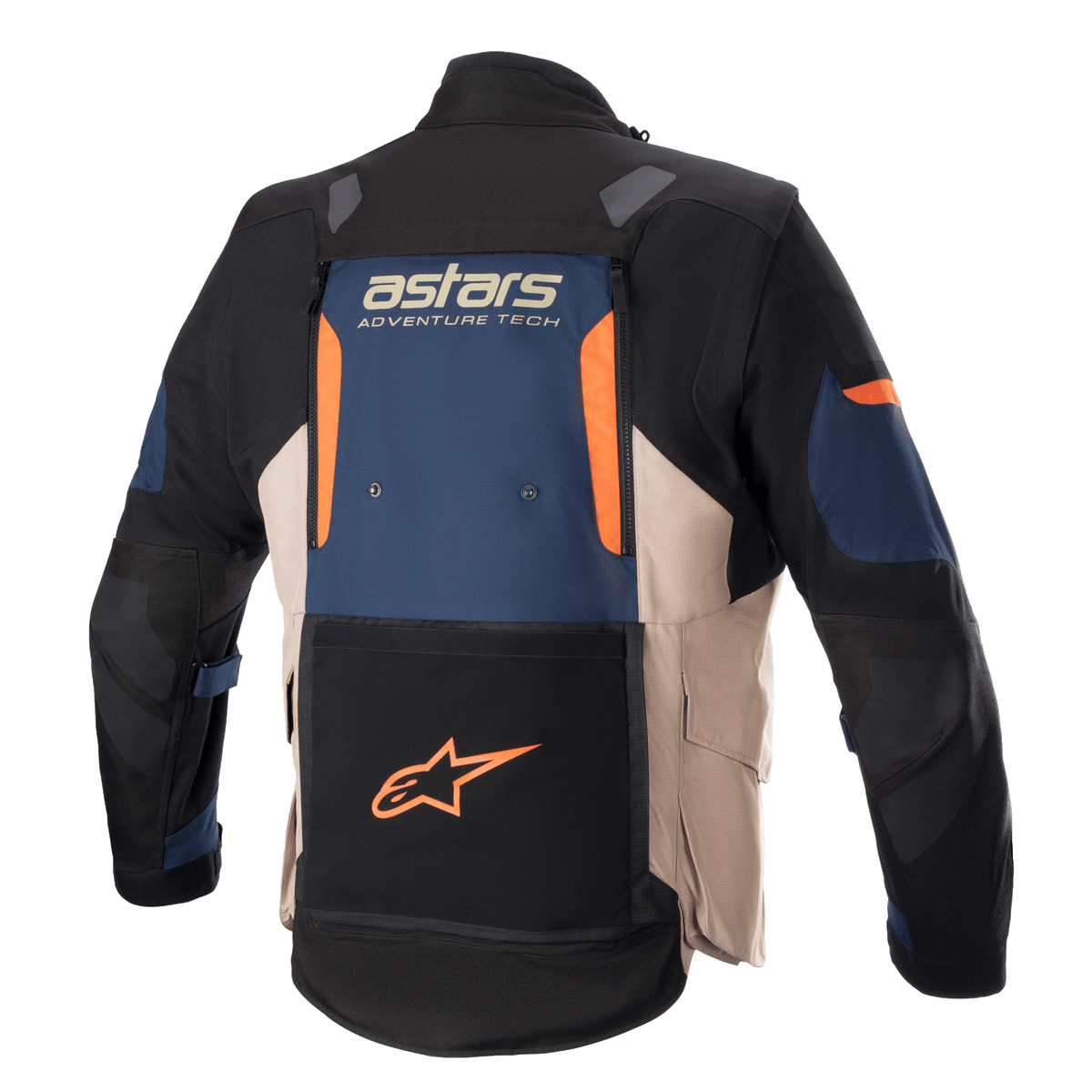 Alpinestars Halo Drystar® Jacket, adventure touring motorcycle jacket, back view, Dark Blue, Dark Khaki, and Flame Orange, featuring a large rear ventilation panel, 'astars ADVENTURE TECH' logo, and a lower back pocket with an orange star logo.