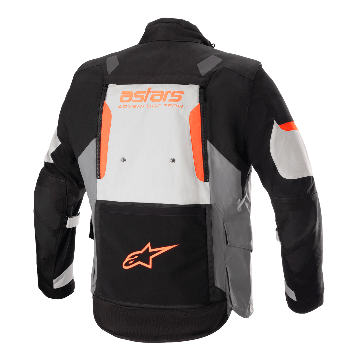 Alpinestars Halo Drystar® Jacket, Adventure Touring Jacket, Dark Gray Ice Gray and Black with orange accents, rear view showing a large back vent panel with 'astars ADVENTURE TECH' branding and orange star logo on the lower pocket, technical multi-season motorcycle gear