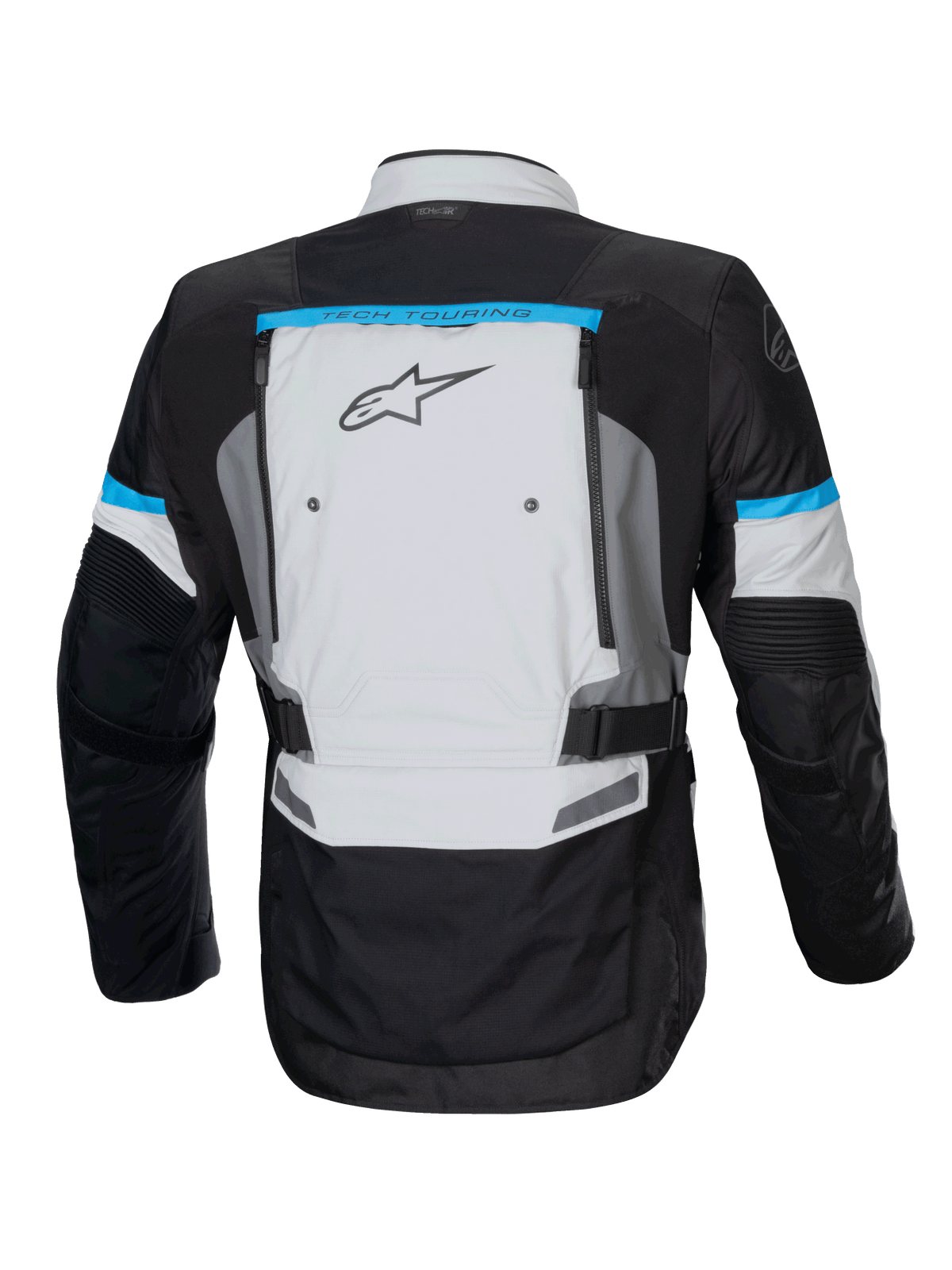 Alpinestars Bogotá Pro Drystar Jacket, adventure motorcycle jacket in ice gray and black with cyan accents and back vents.