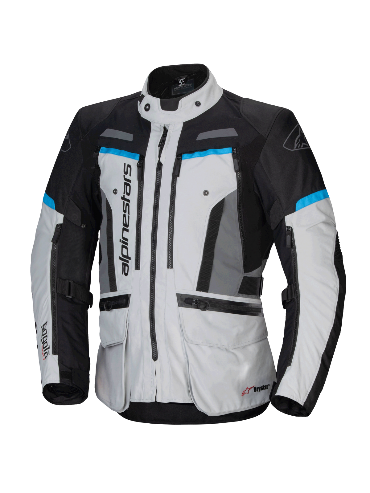 Alpinestars Bogota' Pro Drystar® Jacket, adventure touring motorcycle jacket, Men's, Ice Gray and Black with Cyan accents, waterproof textile construction.