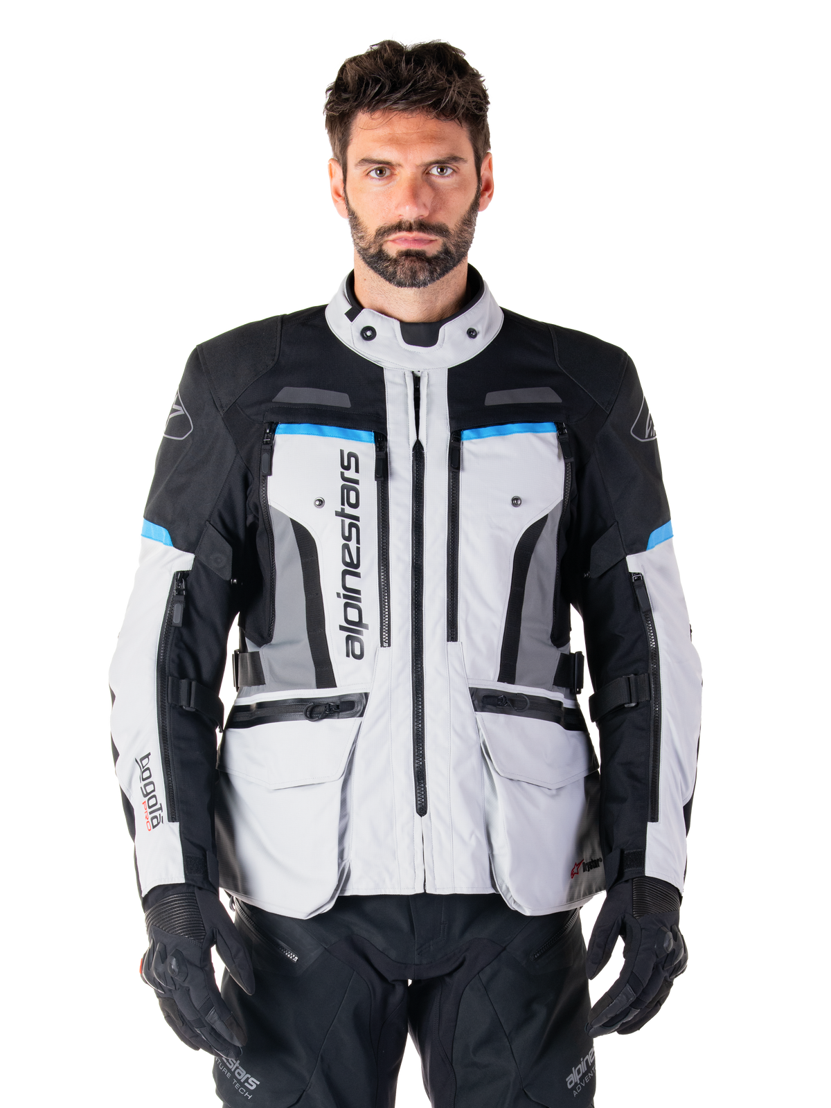 Alpinestars Bogota Pro Drystar Jacket, men's waterproof adventure touring jacket in gray, black, and cyan.