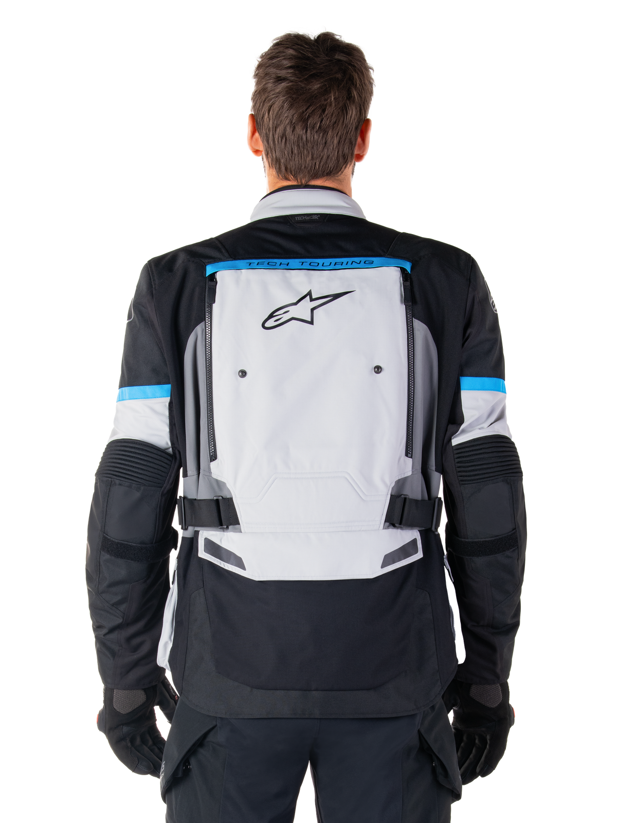 Alpinestars Bogota' Pro Drystar® Jacket, an adventure touring motorcycle jacket in Ice Gray and Black, back view.