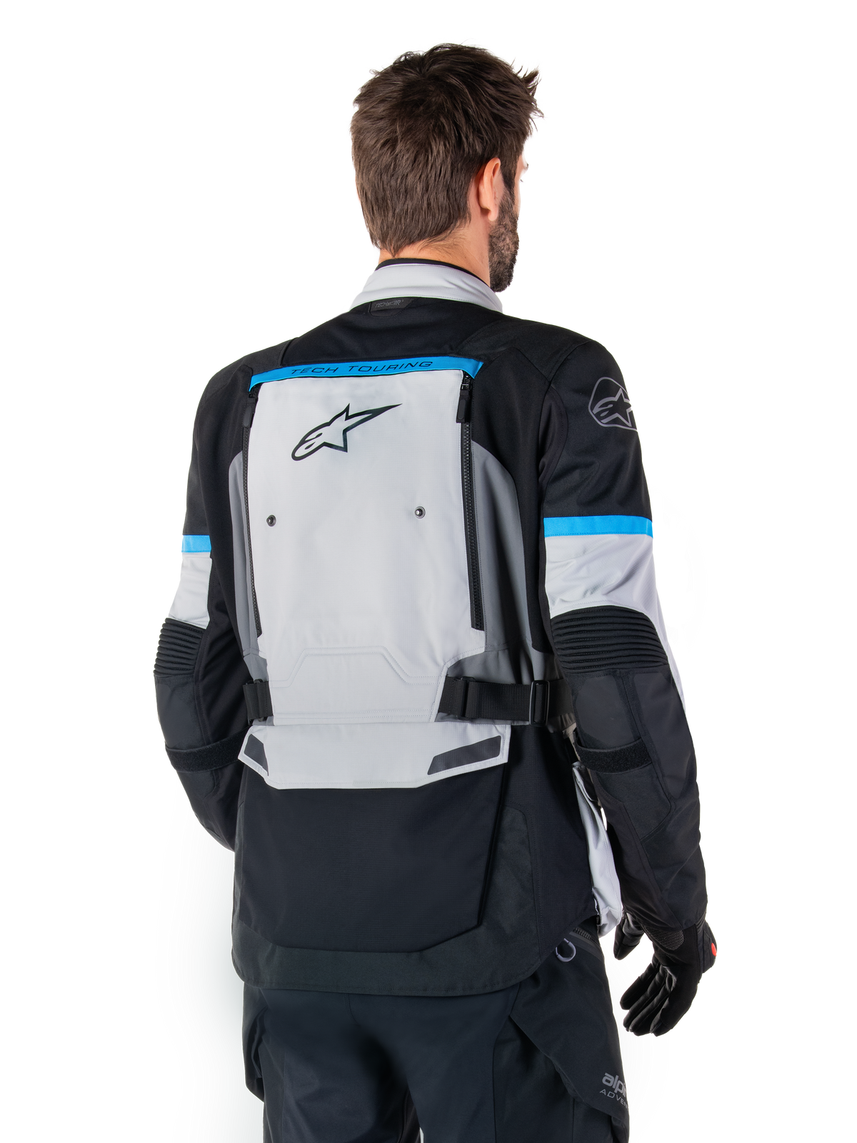 Alpinestars Bogota' Pro Drystar® Jacket, Adventure Motorcycle Jacket, Men, Ice Gray and Black with Cyan, textile, back view.