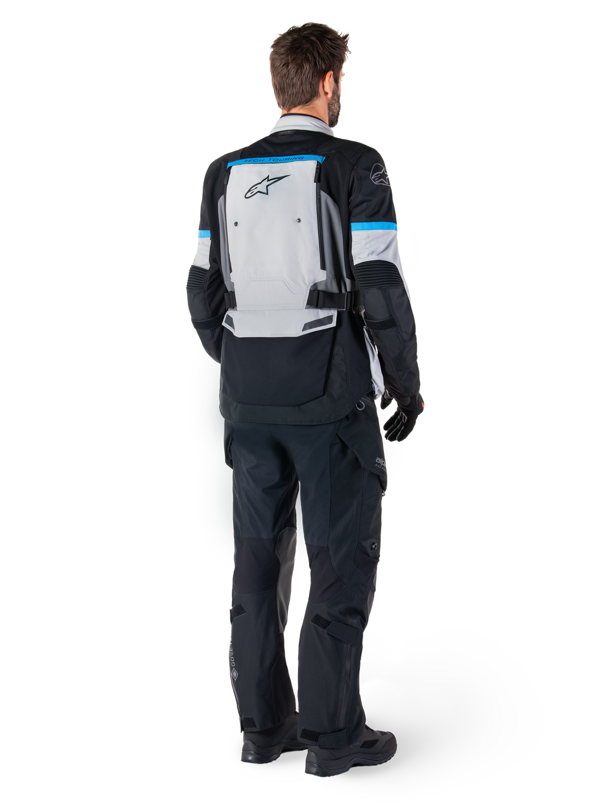 Alpinestars Bogota' Pro Drystar® Men's Jacket, adventure touring motorcycle jacket, Ice Gray, Black, Cyan, rear view.