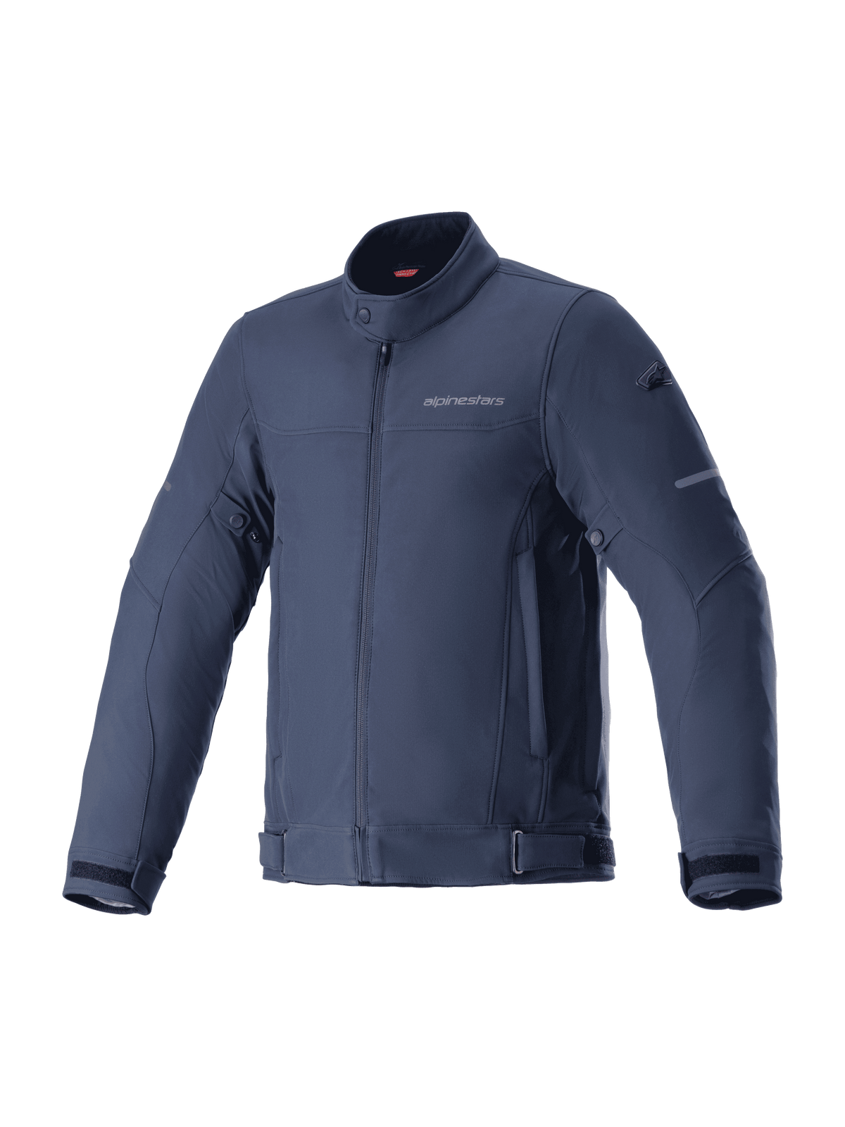 Alpinestars Husker Waterproof Jacket, Motorcycle Jacket, Night Navy, dark blue stretch softshell with high collar and front zipper, adjustable waist and sleeve straps, subtle chest branding, urban commuting and road riding gear