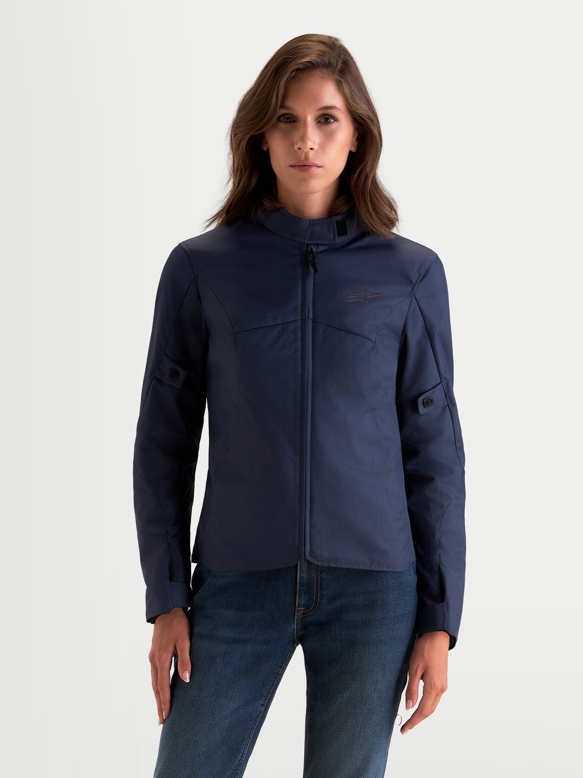 Alpinestars Stella C-1 Waterproof Jacket, women's urban motorcycle jacket in mood indigo blue, front view on a model wearing waterproof textile riding apparel