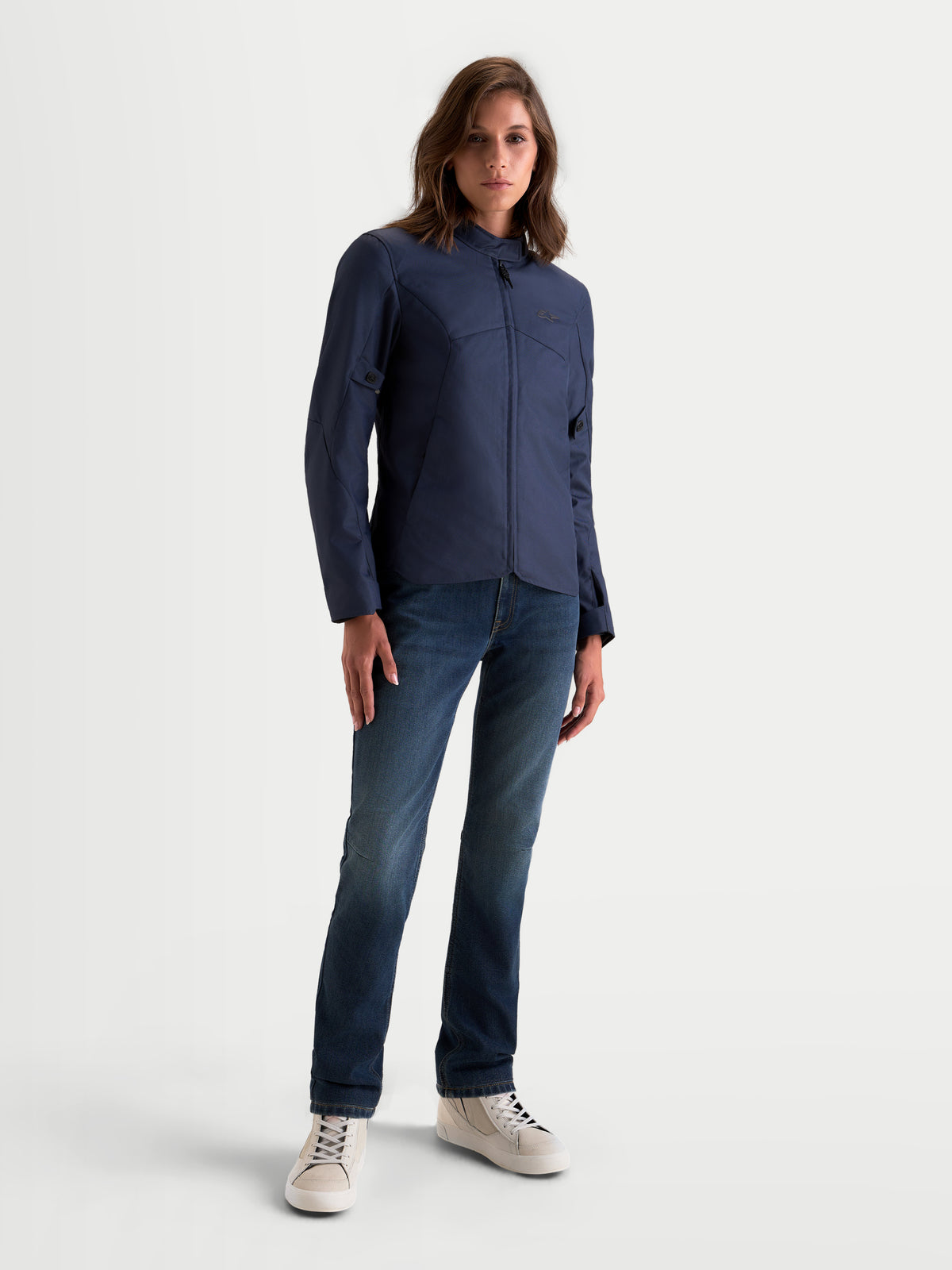 Alpinestars Stella C-1 Waterproof Jacket, women's urban motorcycle jacket in mood indigo, worn by a model showcasing waterproof textile construction and regular-fit design.