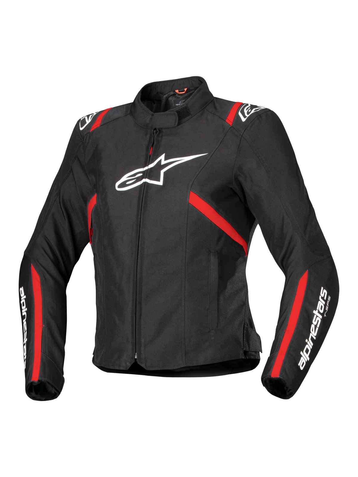 Alpinestars Stella T-SPS V2 Waterproof Jacket, Women's Sport Motorcycle Jacket, Black with Red Stripes and White Logos, race-inspired fitted design, featuring a high collar and front zipper