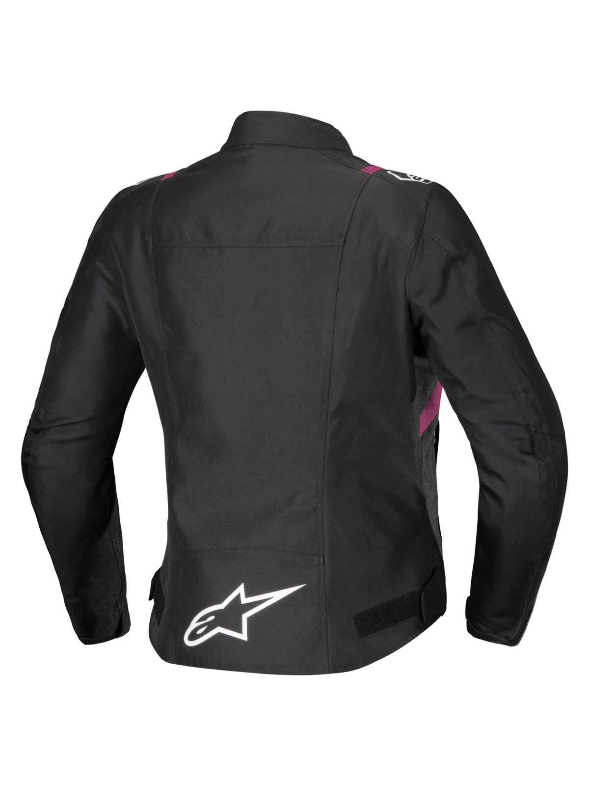 Alpinestars Stella T-SPS V2 Waterproof Jacket, Women's Motorcycle Jacket, Black with White and Diva Pink accents, Rear view showing white star logo on lower back, sport-inspired silhouette with durable textile finish