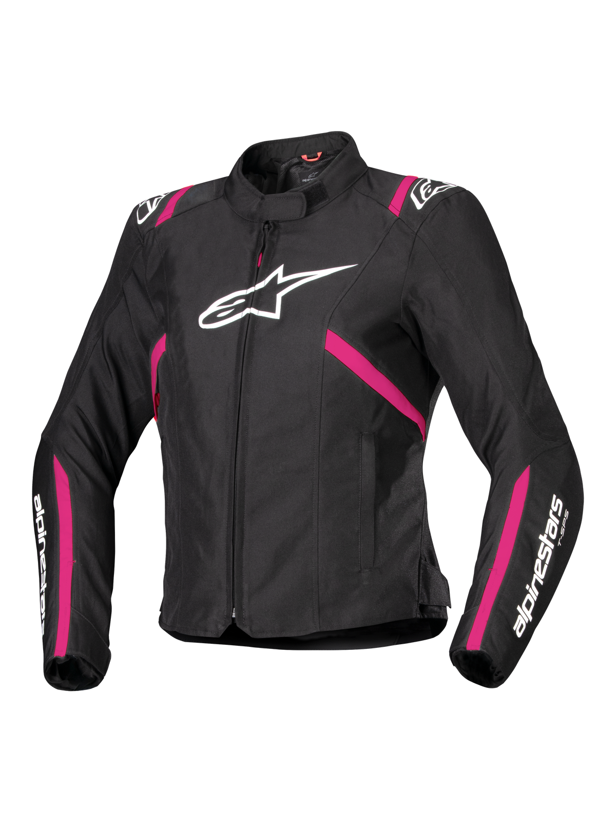 Alpinestars Stella T-SPS V2 Waterproof Jacket, Women's Textile Motorcycle Jacket, Black with Diva Pink and White accents, features large white Alpinestars logo on chest, pink stripes on torso and sleeves, white branding on forearms, sporty fitted design for all-weather riding