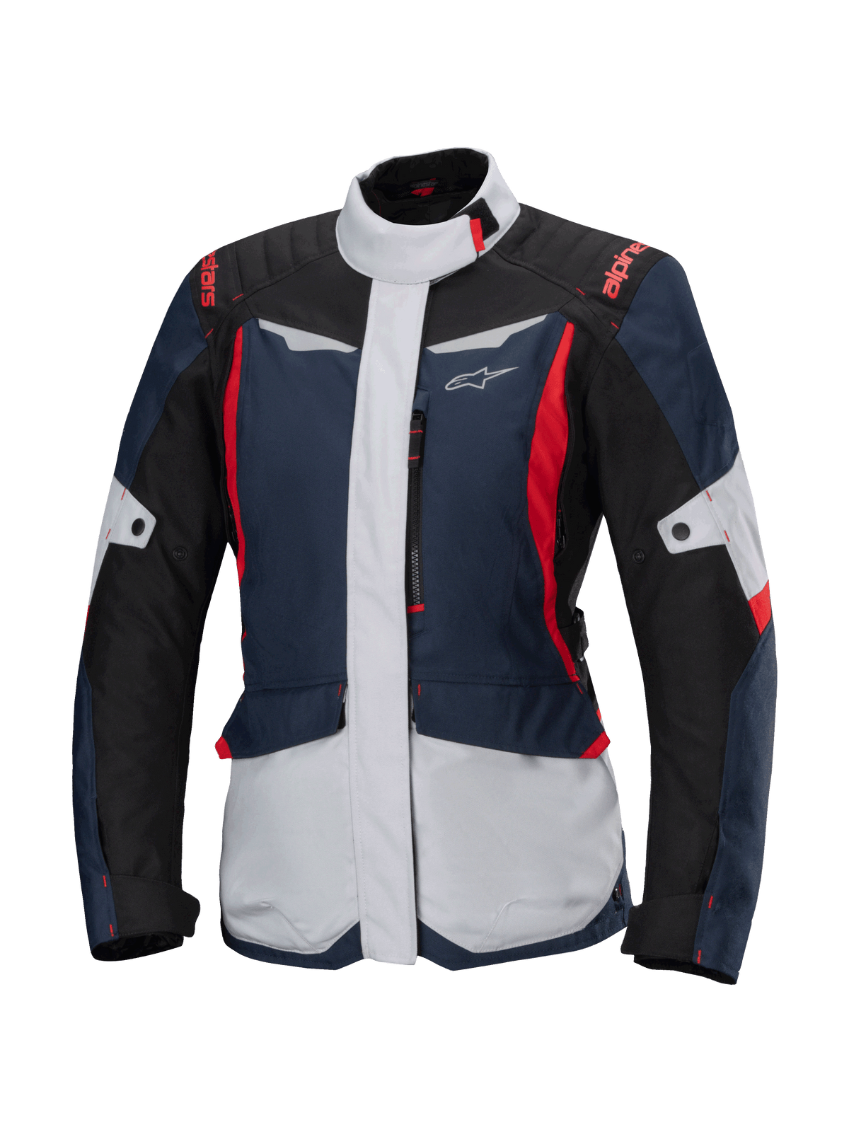 Alpinestars Stella ST-1 Waterproof Jacket, women's motorcycle touring jacket, Dark Blue, Black, and Bright Red, featuring light gray panels, high collar, front zipper, and adventure-inspired design with angular shapes and cargo pockets