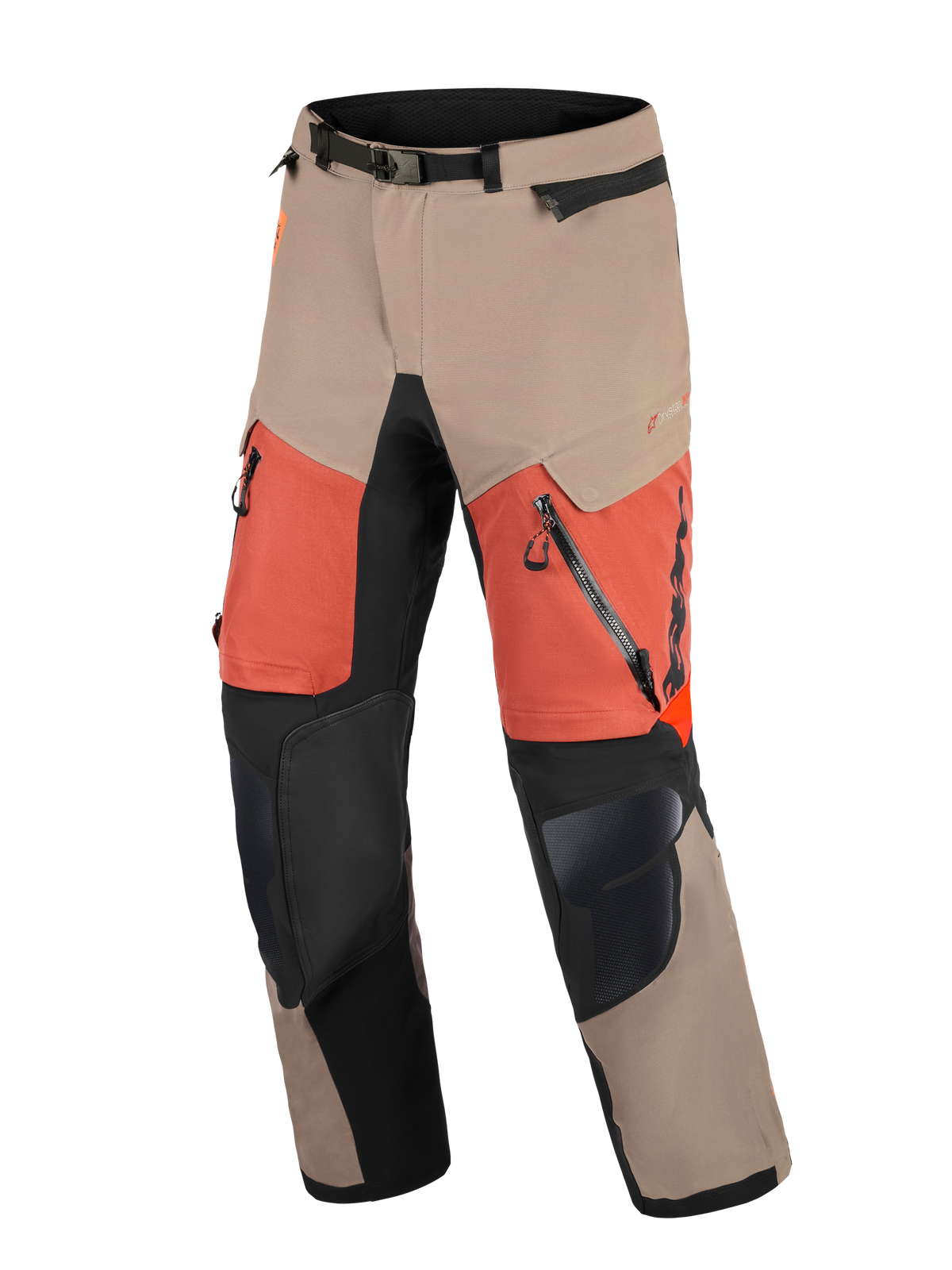 Alpinestars Halo Pro Drystar® XF Laminated Pants, Adventure Motorcycle Pants, Walnut Rust Black, featuring tan and orange panels with black knee reinforcements, large zippered thigh vents, and adjustable waist with magnetic buckle