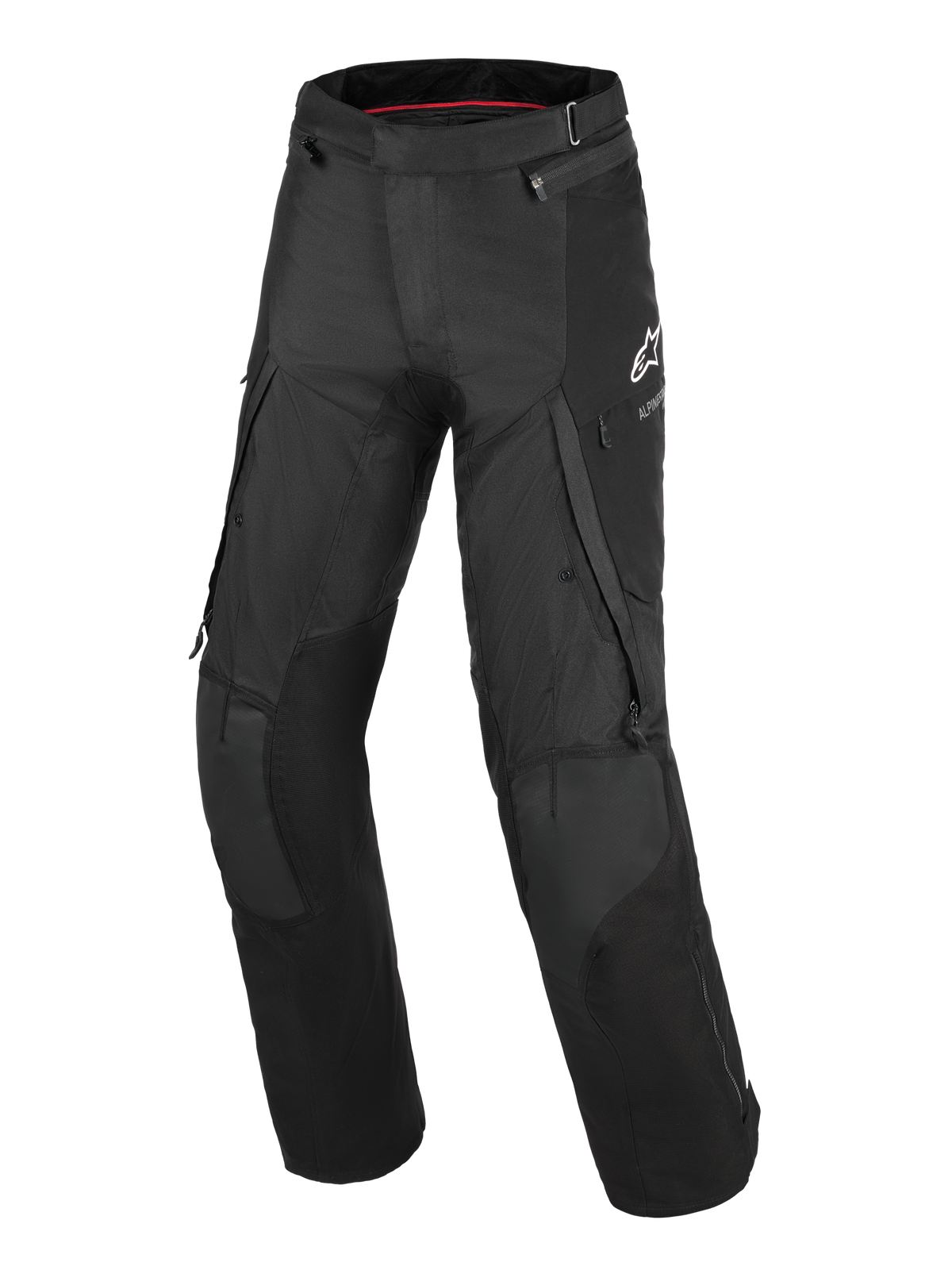Alpinestars Andes V4 Drystar® Pants, Motorcycle Touring Pants, Black, featuring large cargo pockets, reinforced knee panels, white A-star logo on the hip, and durable textile construction for adventure riding