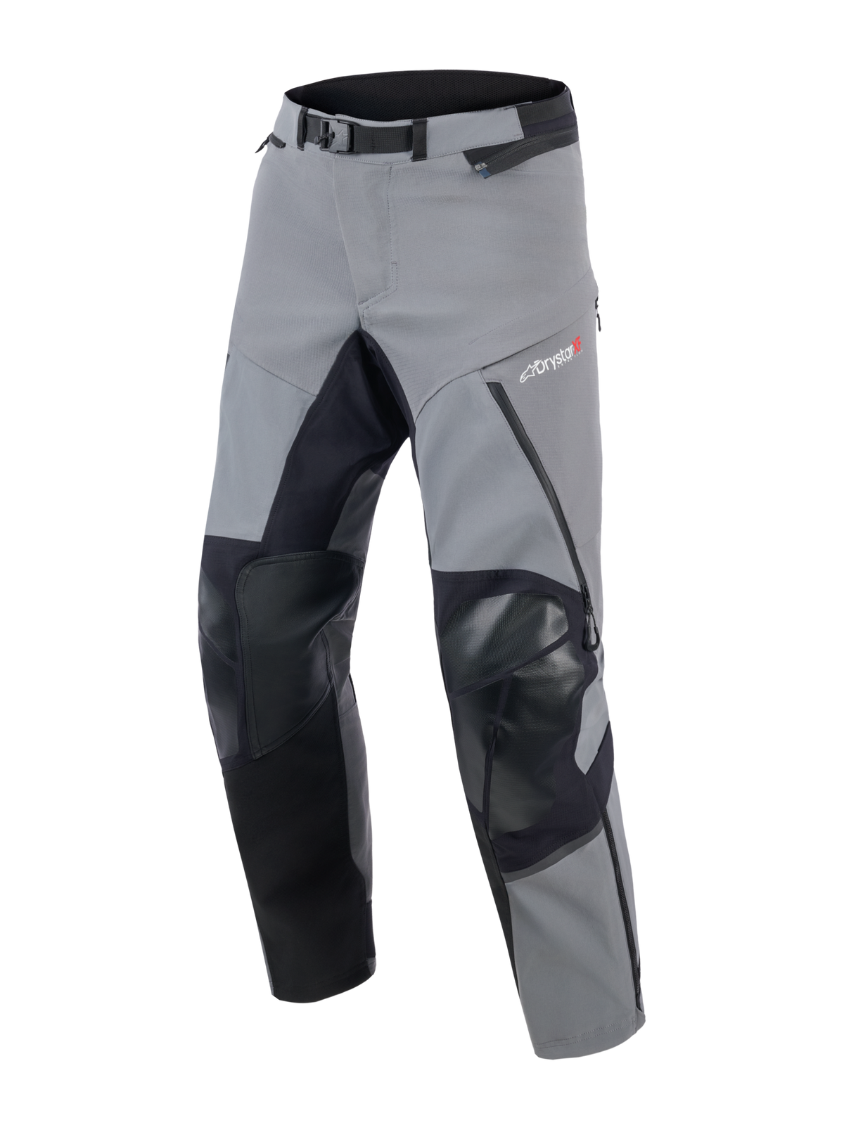 Alpinestars Andes Pro Drystar® XF Pants, adventure touring motorcycle pants in dark gray and black, front view showing reinforced knee panels, magnetic waist buckle, and Drystar XF branding on the thigh.