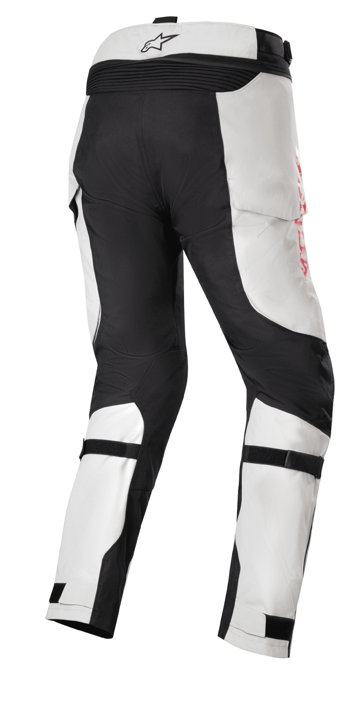 Honda Bogota' Pro Drystar® Pants, Adventure Touring Motorcycle Pants, Ice Gray and Black, rear view featuring reinforced black panels on the seat and inner legs, red side branding, and adjustable calf straps for a secure fit.
