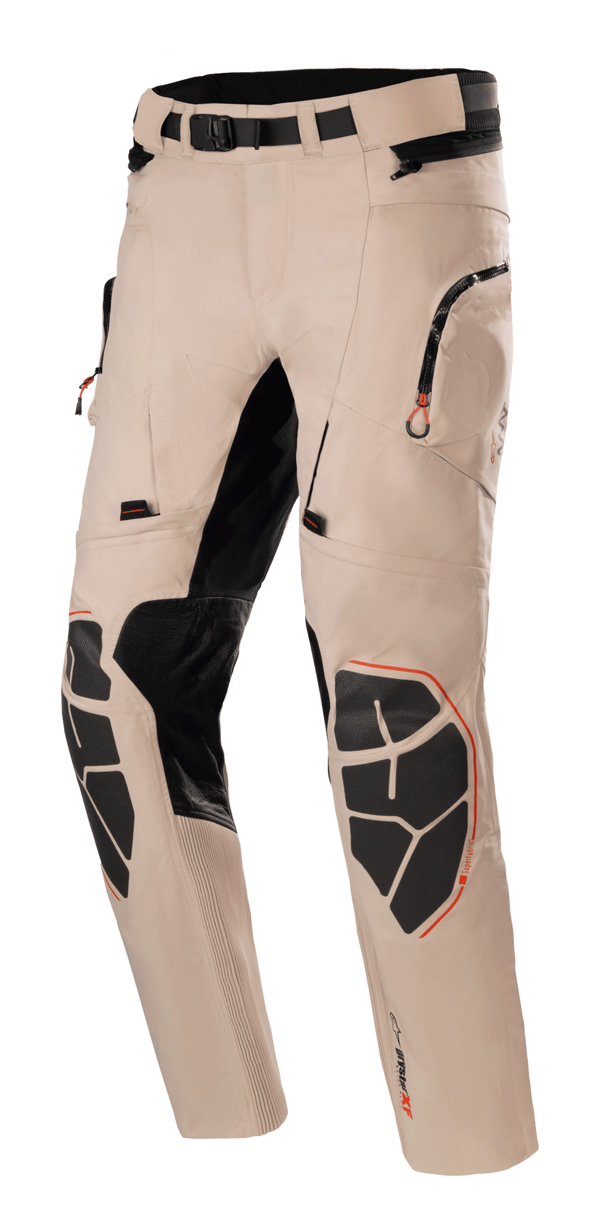 Alpinestars AMT-10R Drystar Xf Pants, Motorcycle Adventure Touring Pants, Pale Brown with black and orange accents, waterproof breathable construction, reinforced Superfabric knee pads, adjustable waist belt, zippered pockets, stretch panels for flexibility