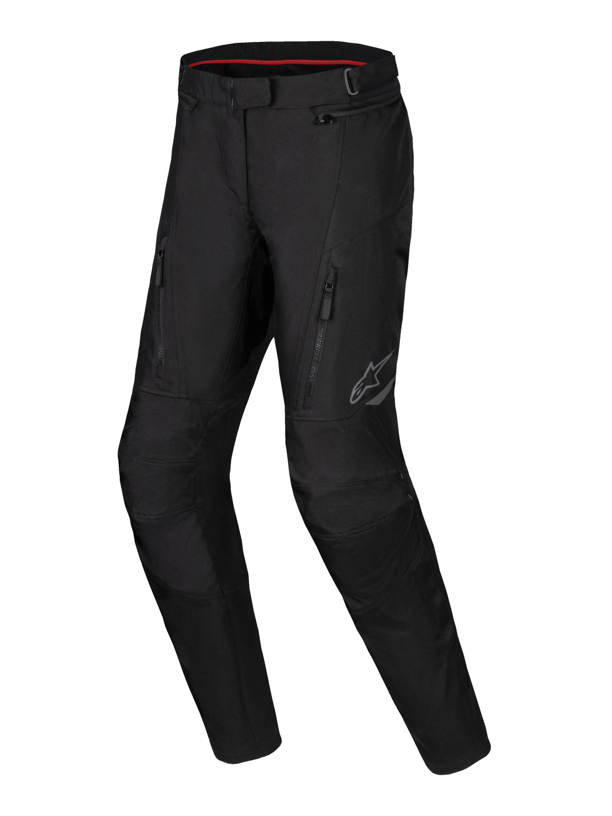 Alpinestars Stella ST-1 Waterproof Pants, Women's Adventure Touring Motorcycle Pants, Black, featuring front zippered pockets, reinforced knee panels, and reflective Alpinestars logo on the thigh, waterproof textile construction with pre-curved legs