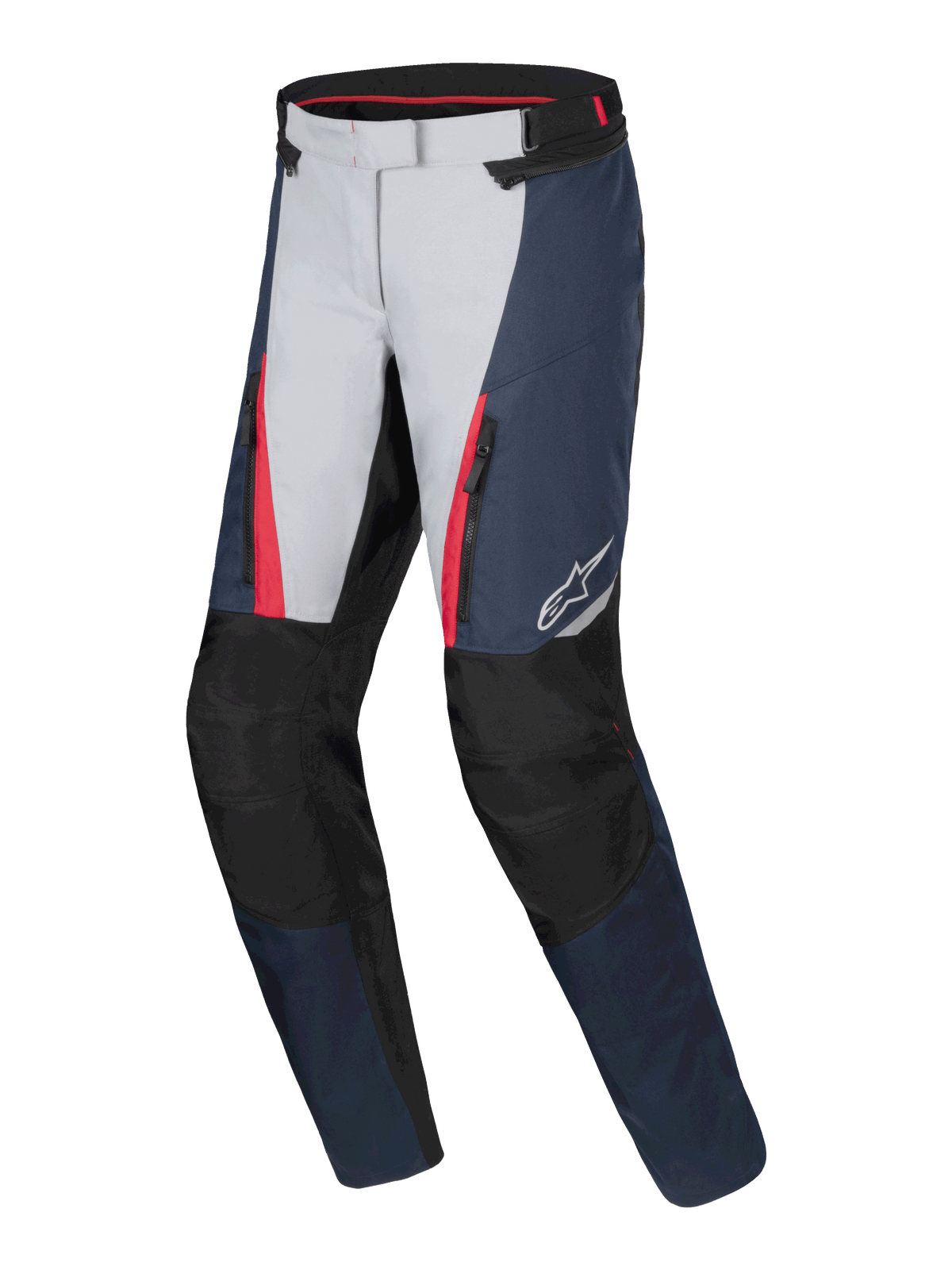 Alpinestars Stella ST-1 Waterproof Pants, Women's Motorcycle Touring Pants, Dark Blue, Black and Bright Red with light gray panels, featuring zippered front pockets, reinforced knee protection, and ergonomic design for all-weather riding.