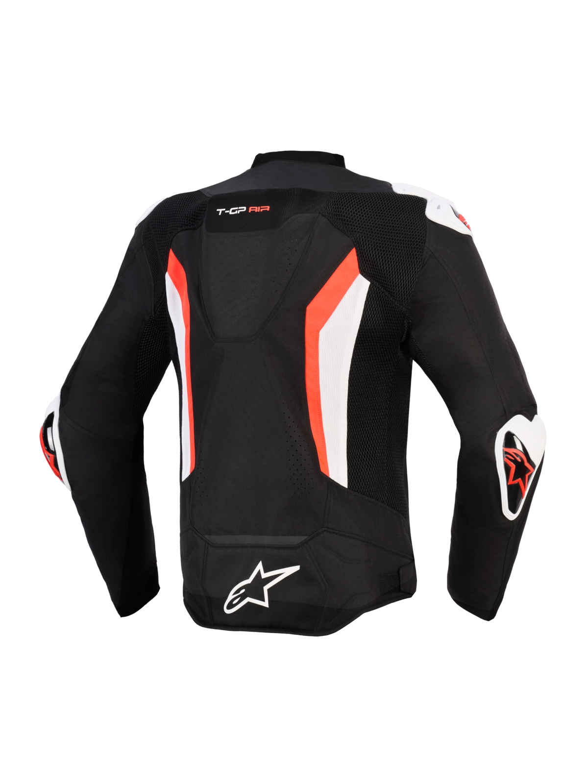 Alpinestars T-GP Air Jacket, Rear View, Black with Red Fluo and White accents, featuring an aerodynamic hump, technical mesh panels for airflow, "T-GP AIR" branding on the upper back, white and red DFS sliders on shoulders and elbows, Alpinestars logo on the lower back, sport-cut performance motorcycle jacket