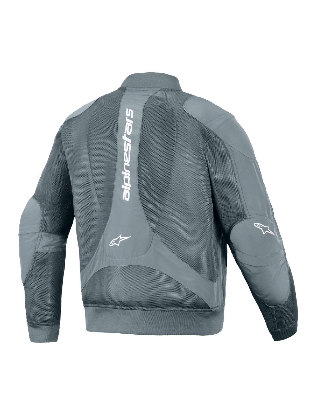 Alpinestars Flight Air Jacket, Urban Motorcycle Jacket, Storm Gray, back view featuring a large vertical white Alpinestars logo, extensive 3D mesh panels for airflow, and bomber-style ribbed waist and cuffs