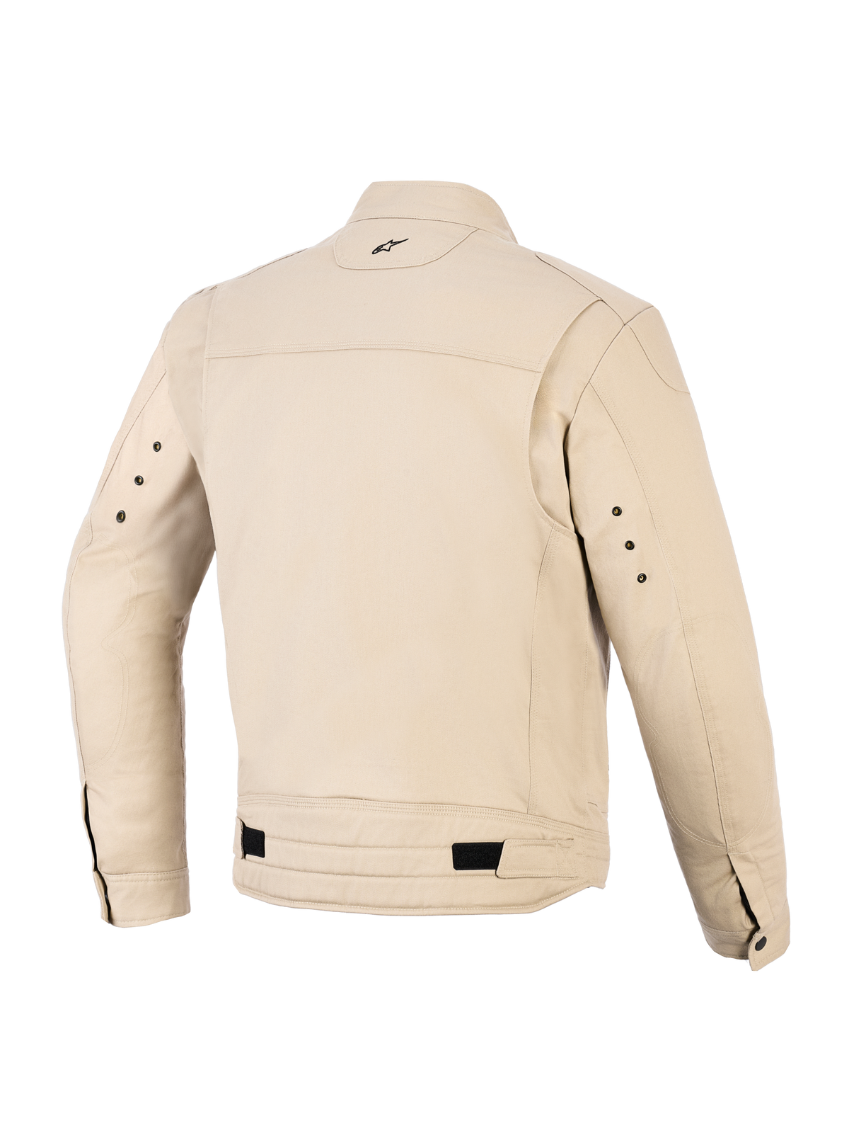 Alpinestars Bruiser Jacket, Urban Motorcycle Jacket, Aluminum tan color, rear view featuring pleated shoulder panels, adjustable waist straps with black tabs, small embroidered logo on the back neck, and metal eyelets on the back of the sleeves.