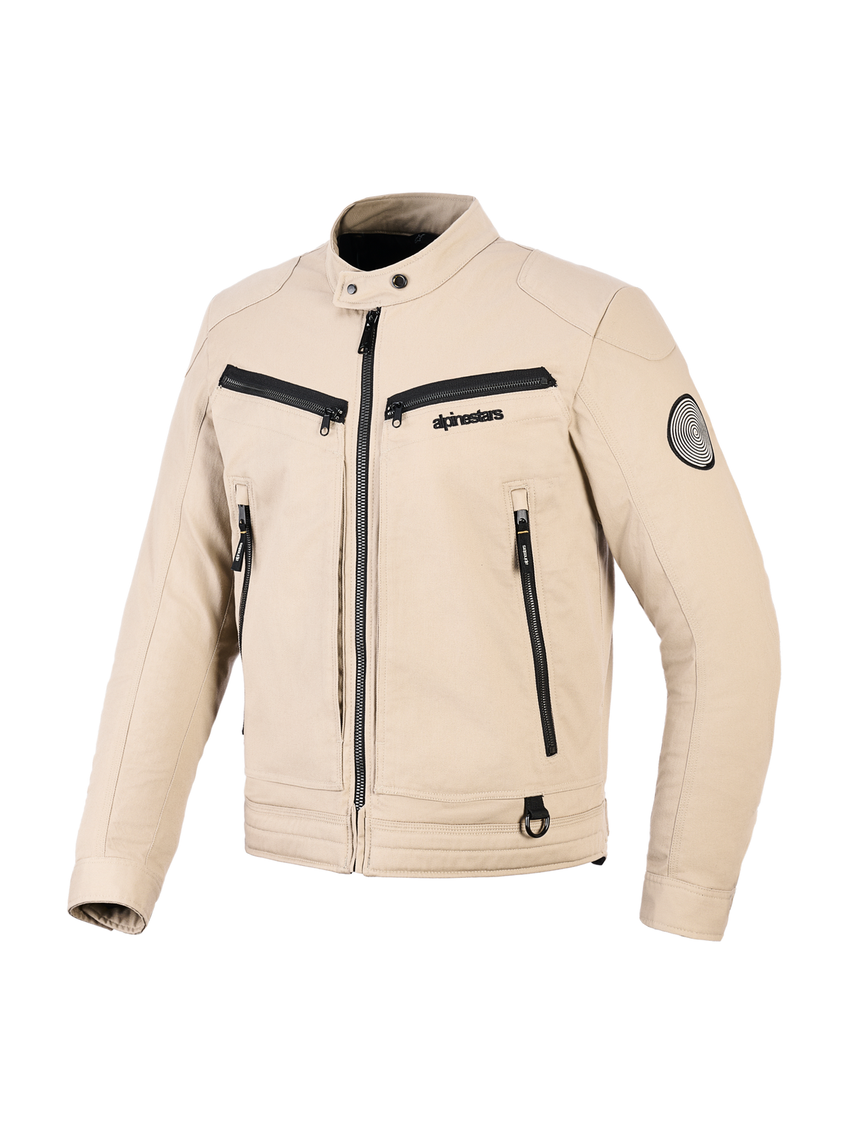 Alpinestars Bruiser Jacket, Urban Motorcycle Jacket, Tan, textile construction with black zipper accents, snap collar, multiple functional pockets, circular logo patch on the sleeve, contemporary workwear-inspired design